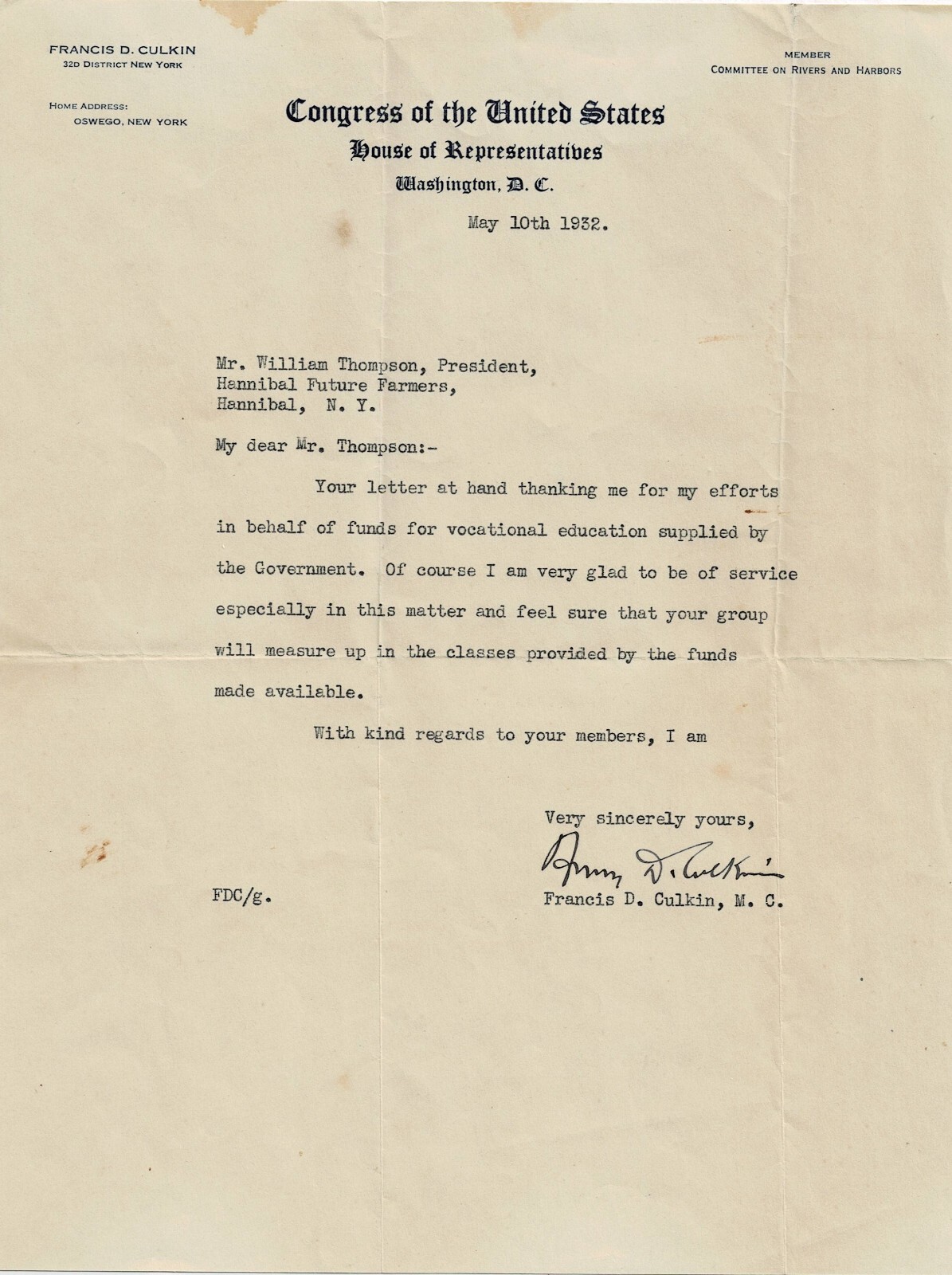 1932 Letter from Washington, DC to Hannibal, NY