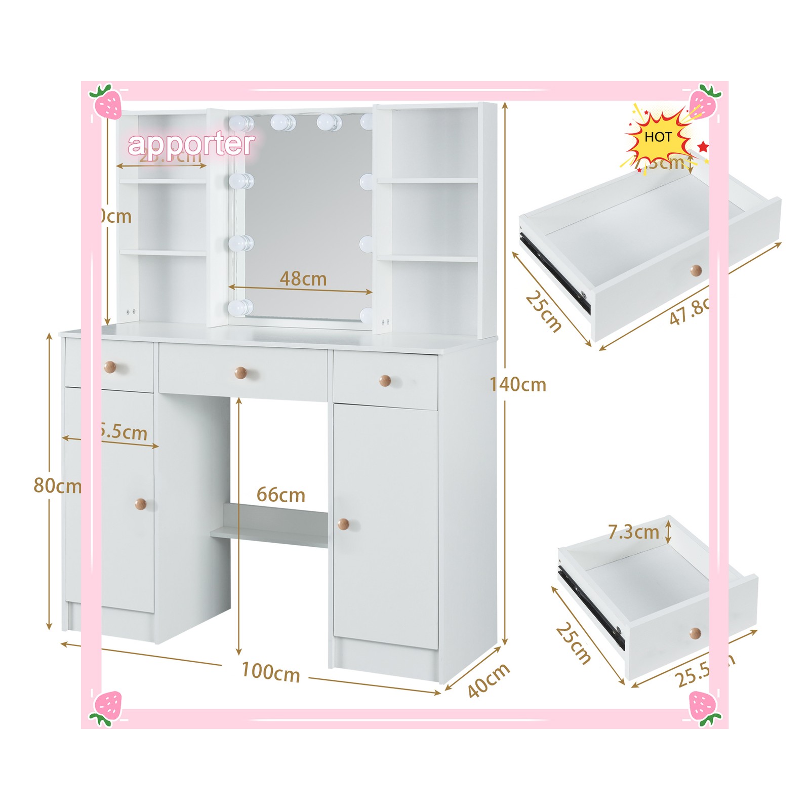 10 Bulbs Lights LED Mirror White Makeup Dressing Vanity Table NEW For Bedroom