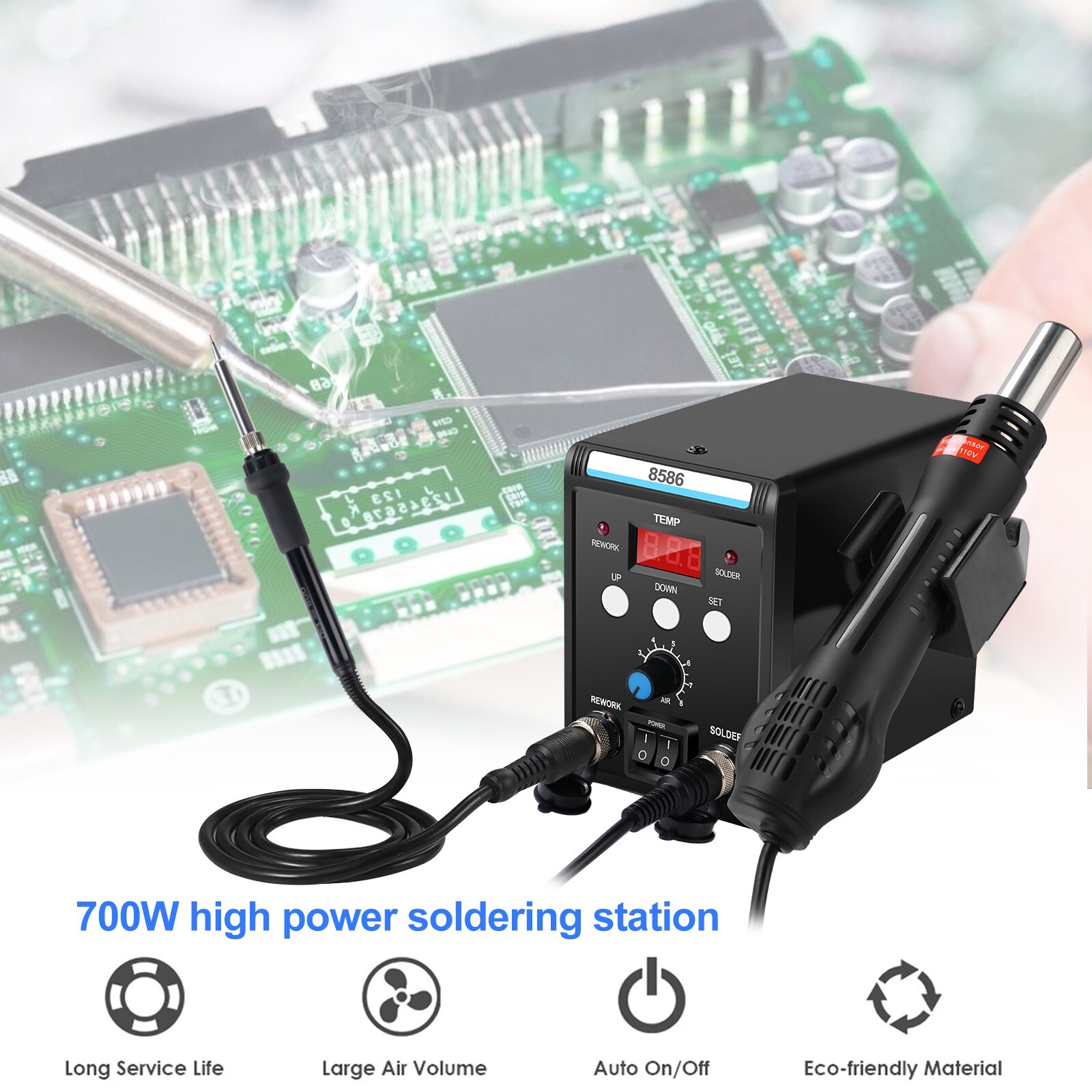 2-in-1 Rework Soldering Station 8586 Hot Air Gun Solder Iron Repair Tool 110V US