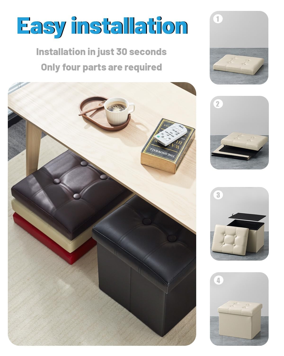 Storage Ottoman Foot Rest Stool 17 Inch Folding Leather Footstool Bench Short Be