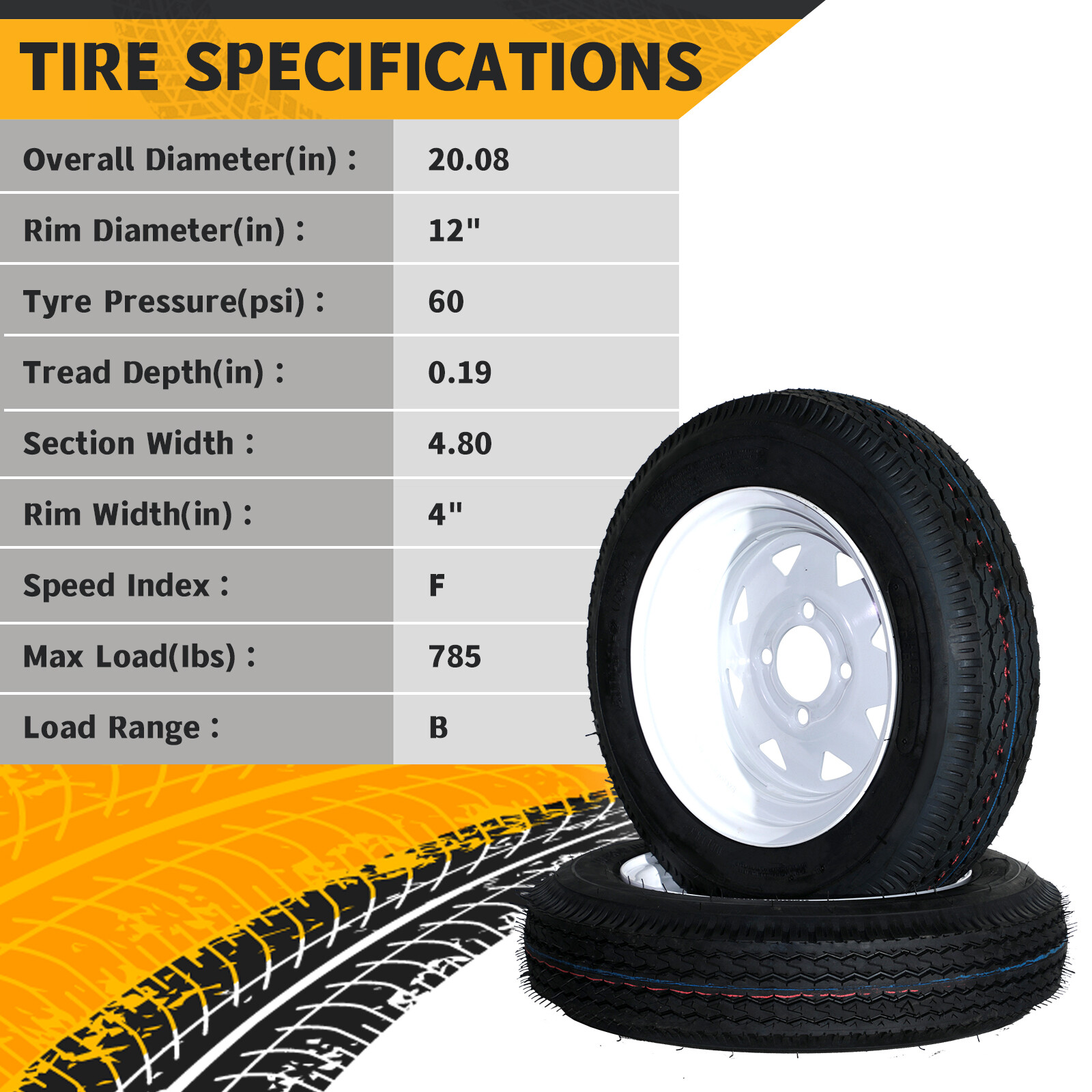 2pcs Trailer Tires & Rims 4.80-12 480-12 4.80x12 LRB 5 Lug White Spoke Wheel