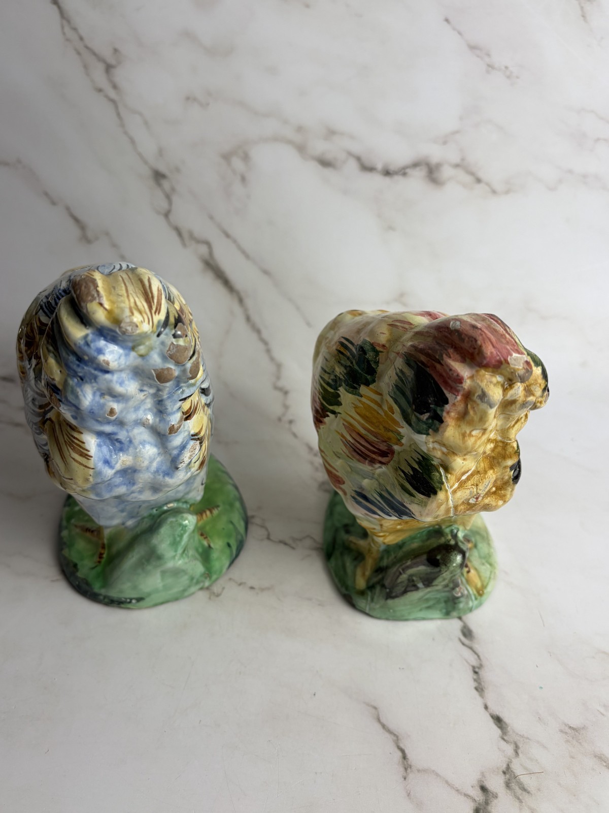 Vintage Italian Majolica Rooster Figurines Hand Painted Chicken Pair Farmhouse
