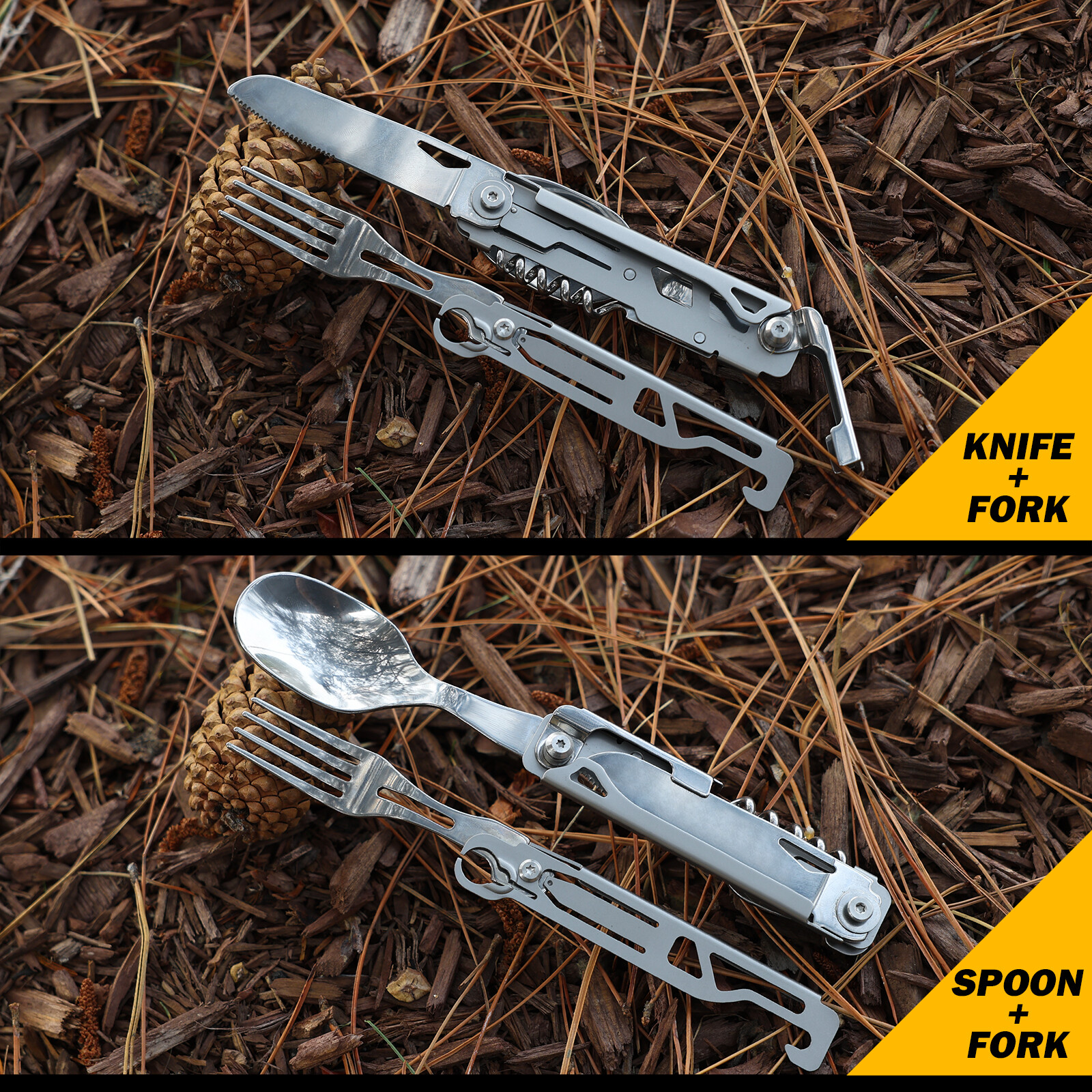 5-in-1 Portable Camping Utensil Detachable Stainless Steel Folding Flatware Set