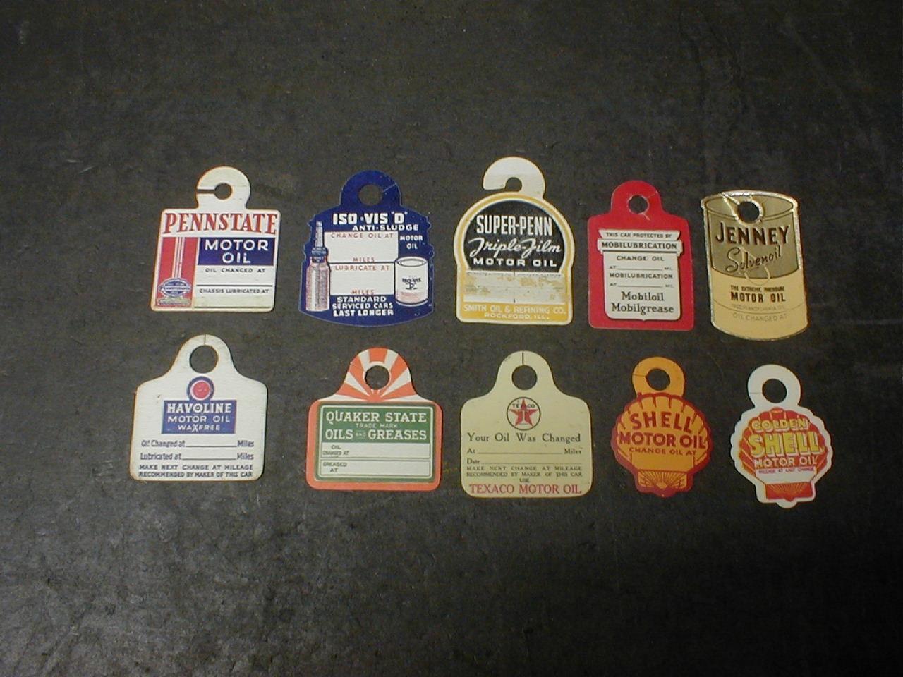 10 lot VINTAGE MOTOR OIL COMPANIES OIL CHANGE & LUBE DIPSTICK TAGS