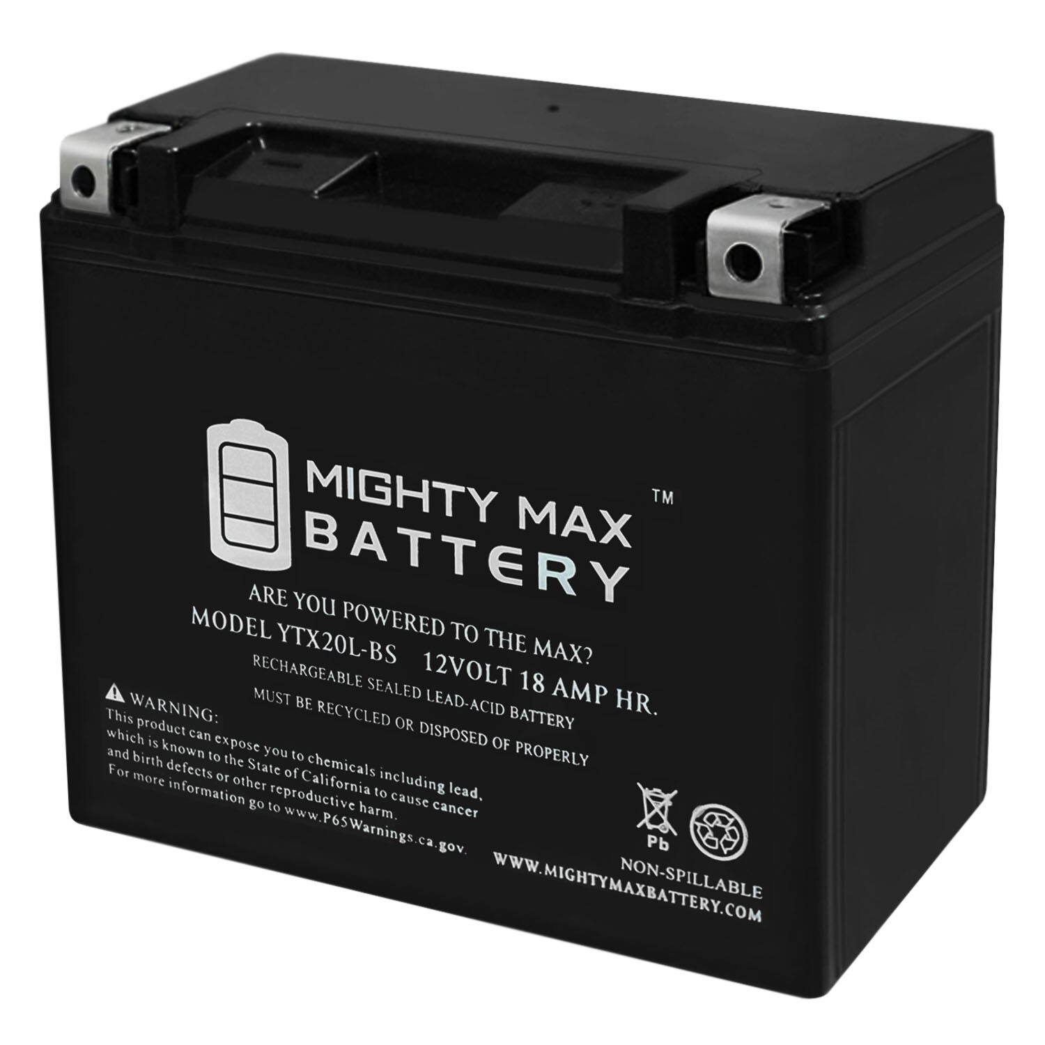 Mighty Max YTX20L-BS - 12 Volt 18 AH, 270 CCA, Rechargeable Maintenance Free SLA