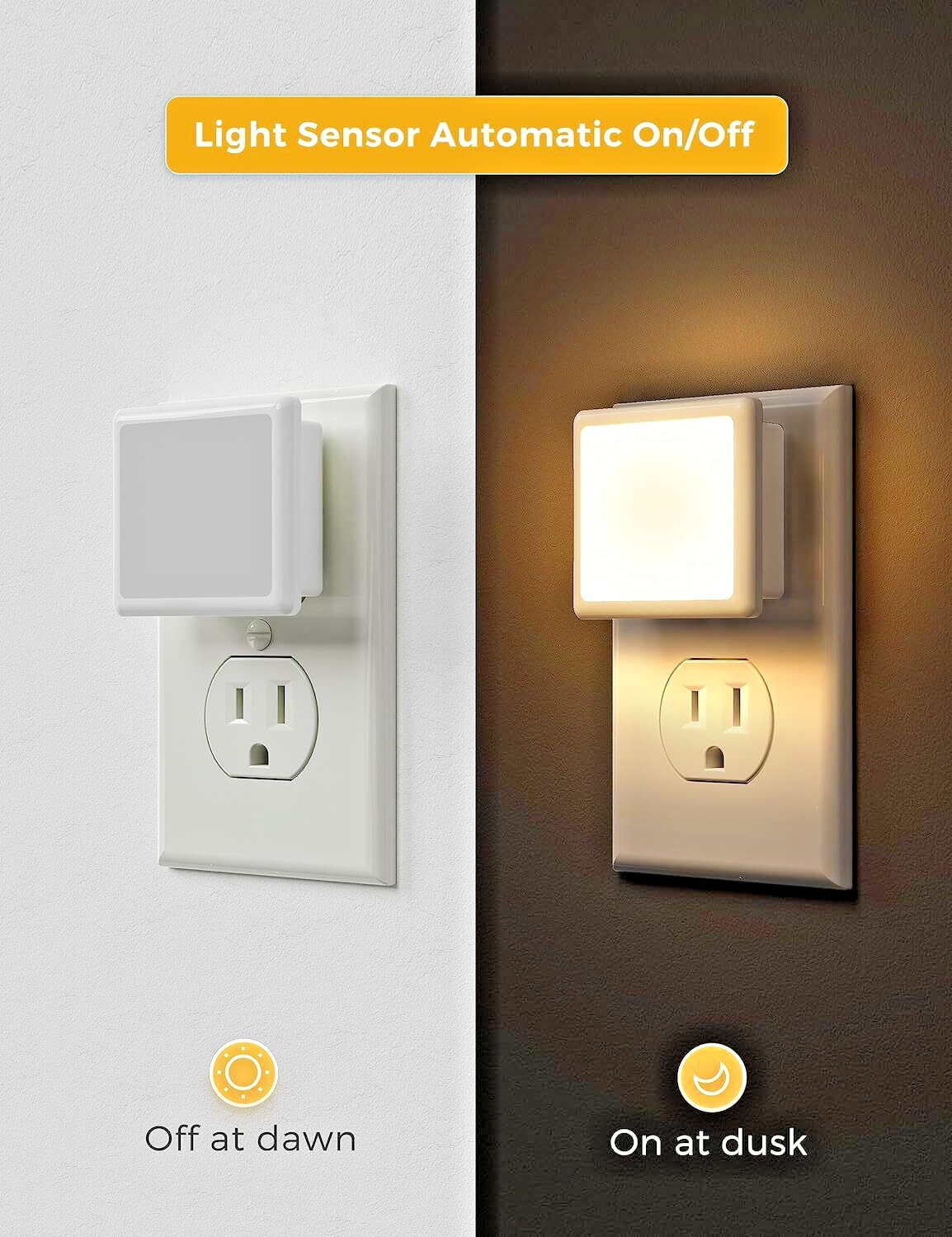 2 X Plug in LED Night Light 3000K Soft White .3W Bright Auto Dusk to Dawn Sensor