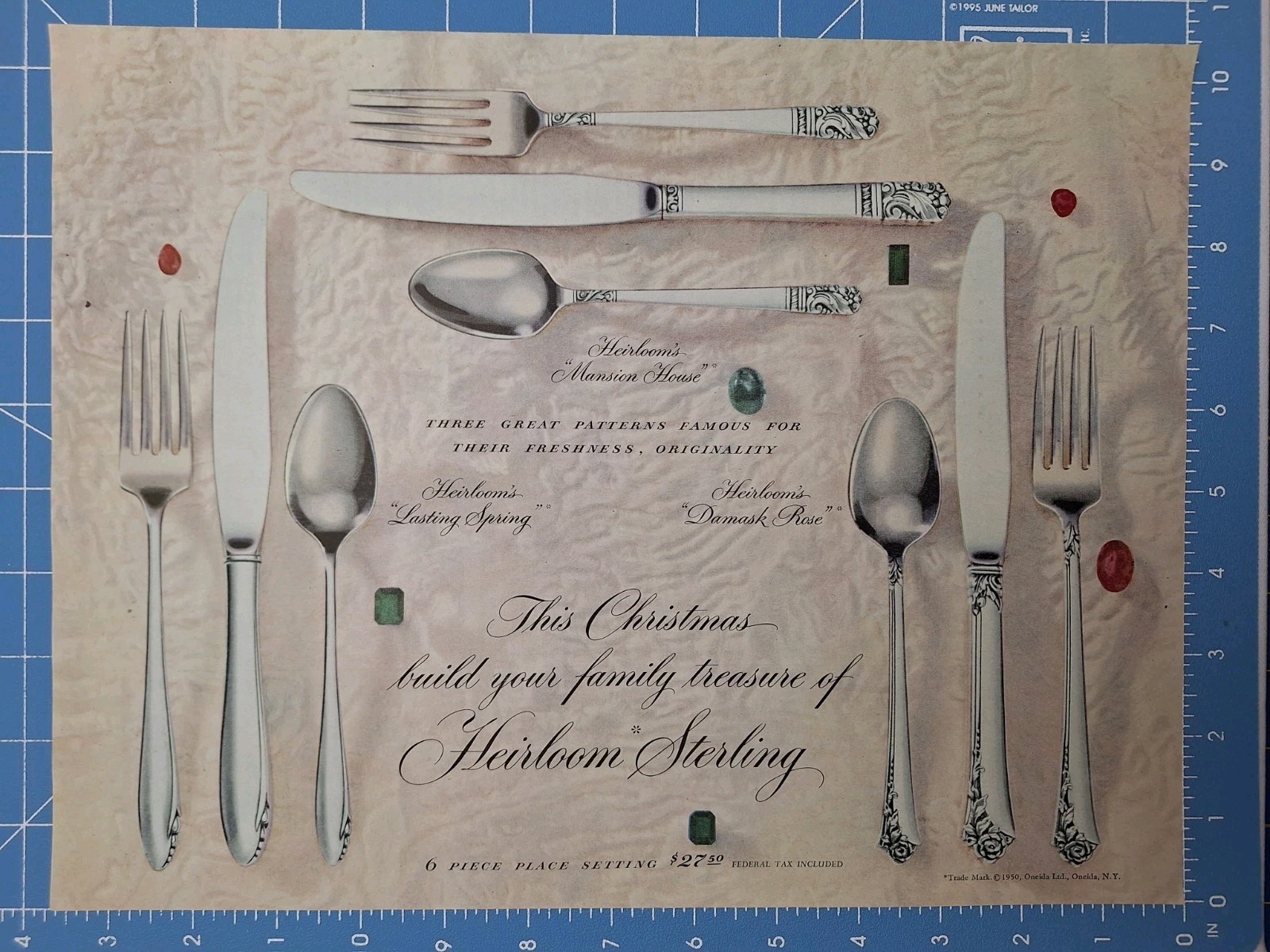 ONEIDA CHRISTMAS Heirloom Sterling Damask Rose Lasting Spring 1950 Print Ad