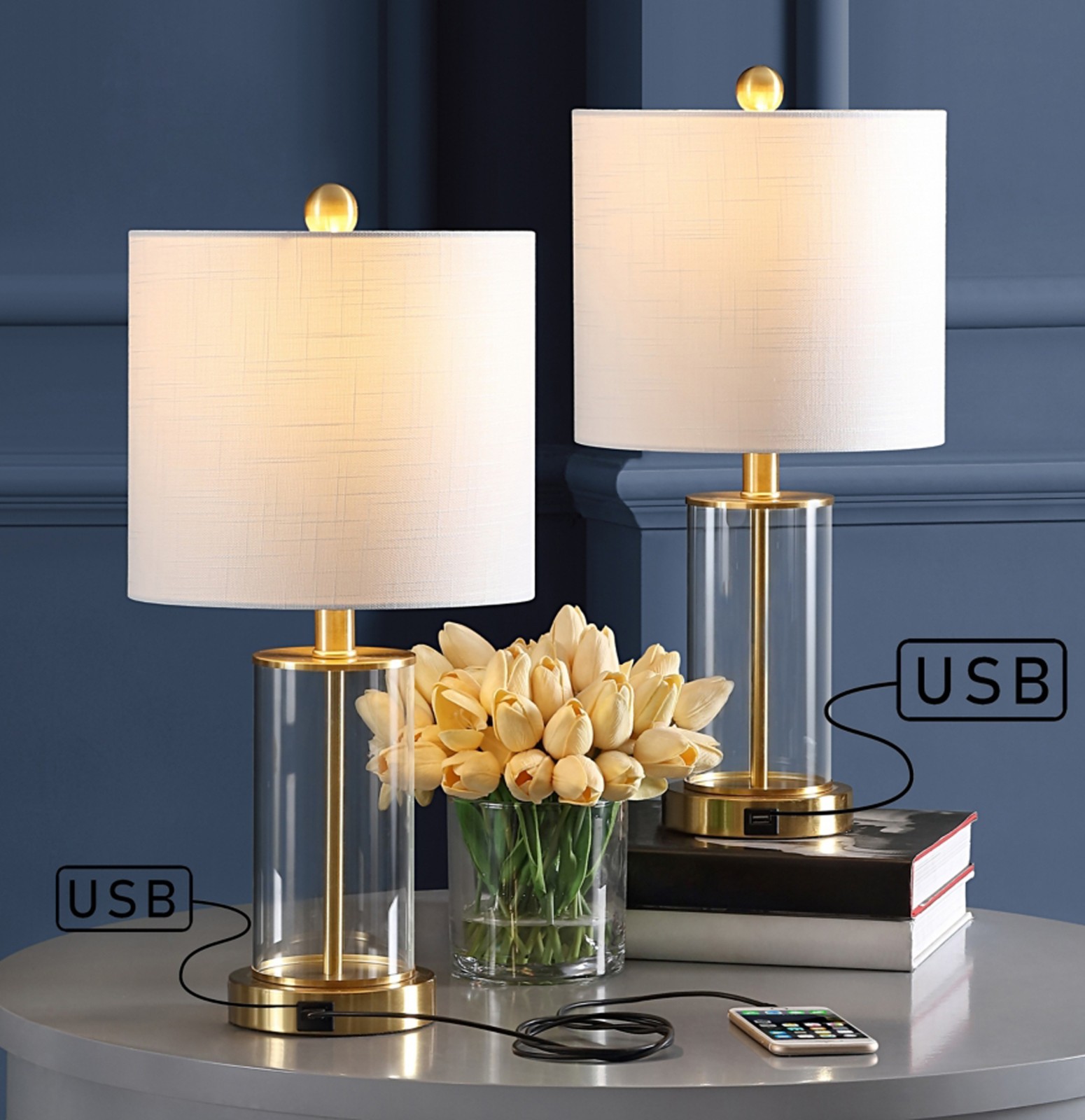 Jonathan Y Abner Glass Modern Contemporary USB Charging LED Table Lamp 2PCS GOLD
