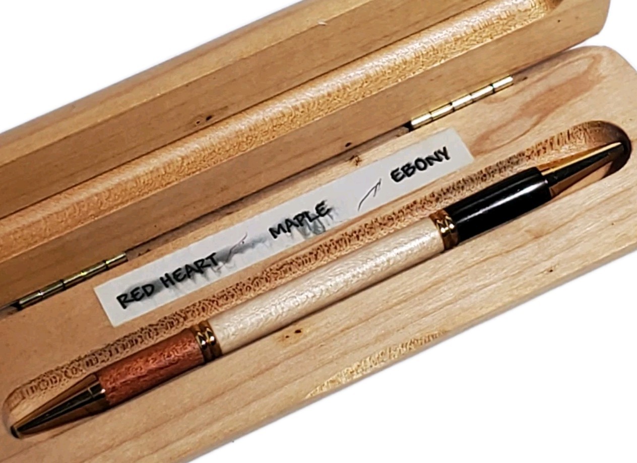Handmade Hardwood Red Heart Maple Ebony Wood Ballpoint Pen w/ Wooden Case
