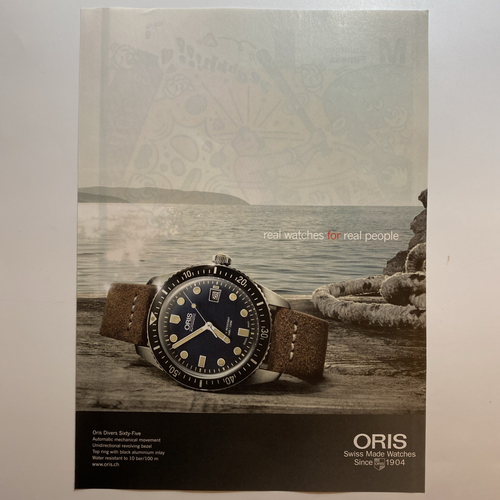2017 Oris Divers Sixty-Five PRINT AD Swiss Made Watch Ocean Pier Water Style