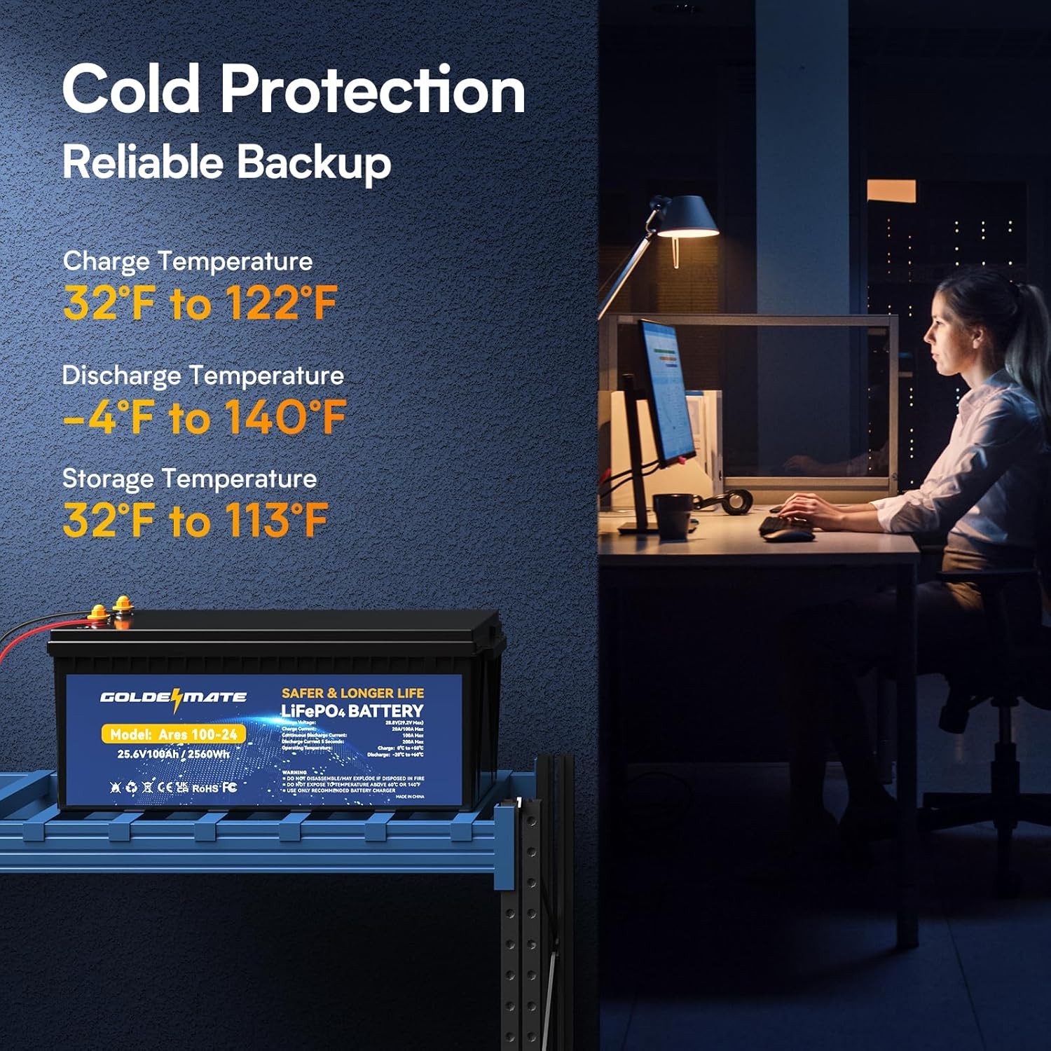 Goldenmate 24V 100Ah LiFePO4 Deep Cycle Battery with Smart BMS for Solar RV Home