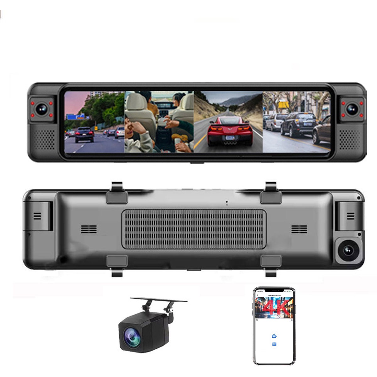 360 Degree 4K Rear View Mirror Camera 4 Channel Dash Cam Car DVR ADAS BSD WIFI