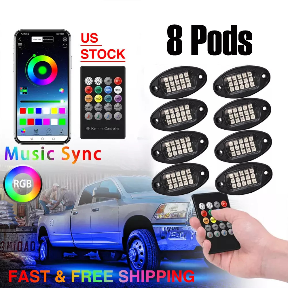 RGB LED Rock Lights 8Pods Offroad Music Wireless Bluetooth Underglow Neon Lights