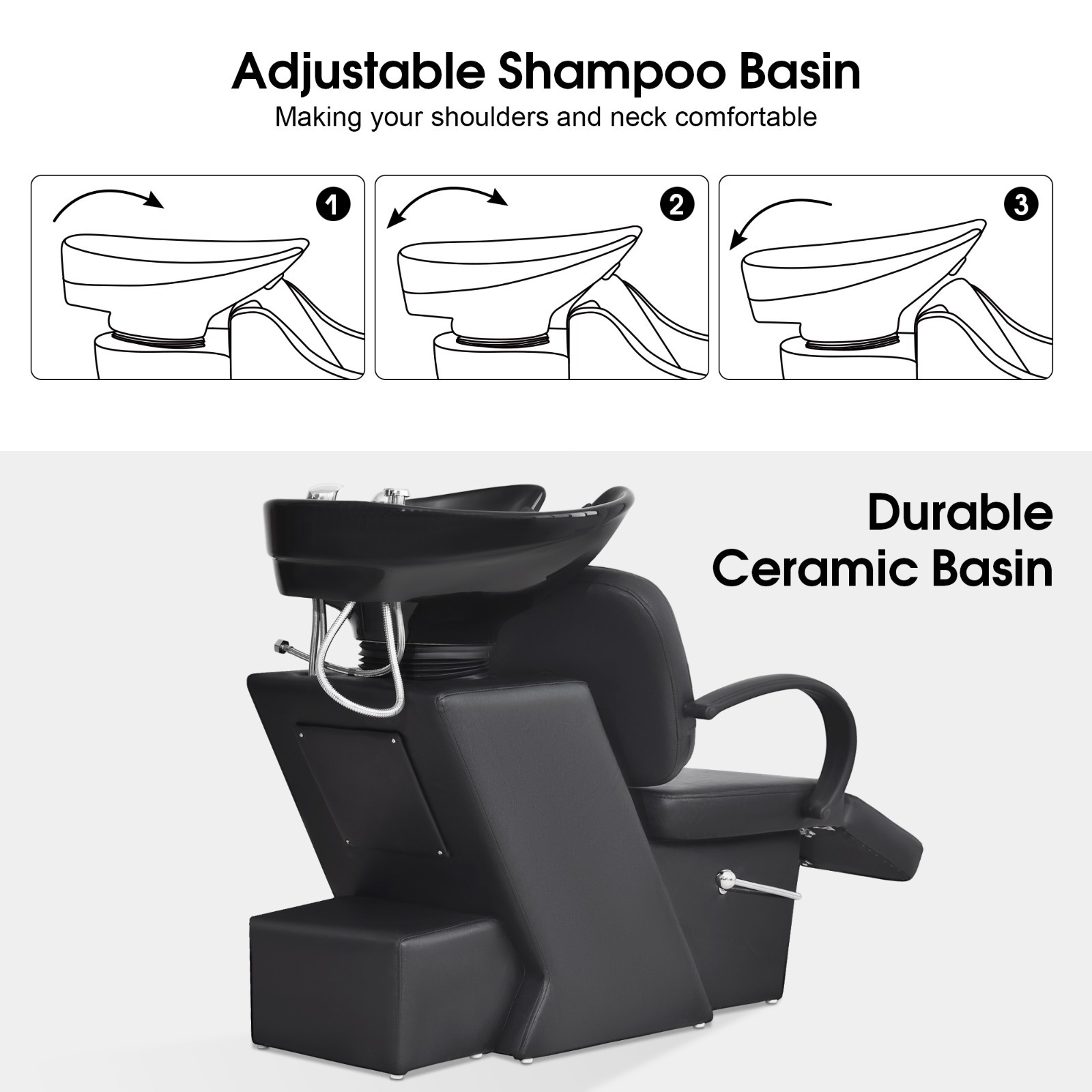 BarberPub Backwash Shampoo Station Chair, Adjustable Ceramic Bowl Barber 9051
