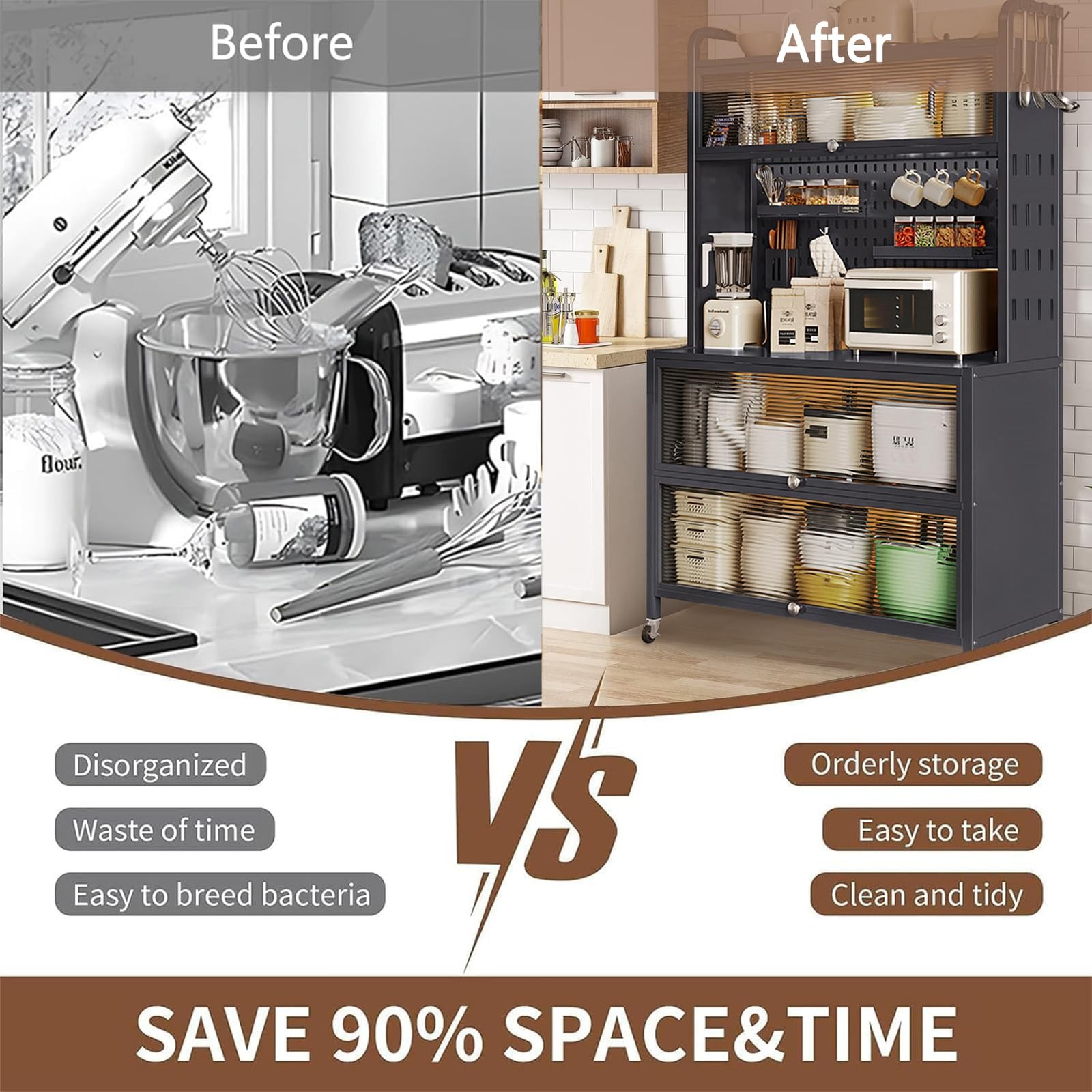 63" 5 Tier Bakers Rack Kitchen Cabinet with Clear Doors Adjustable Shelves