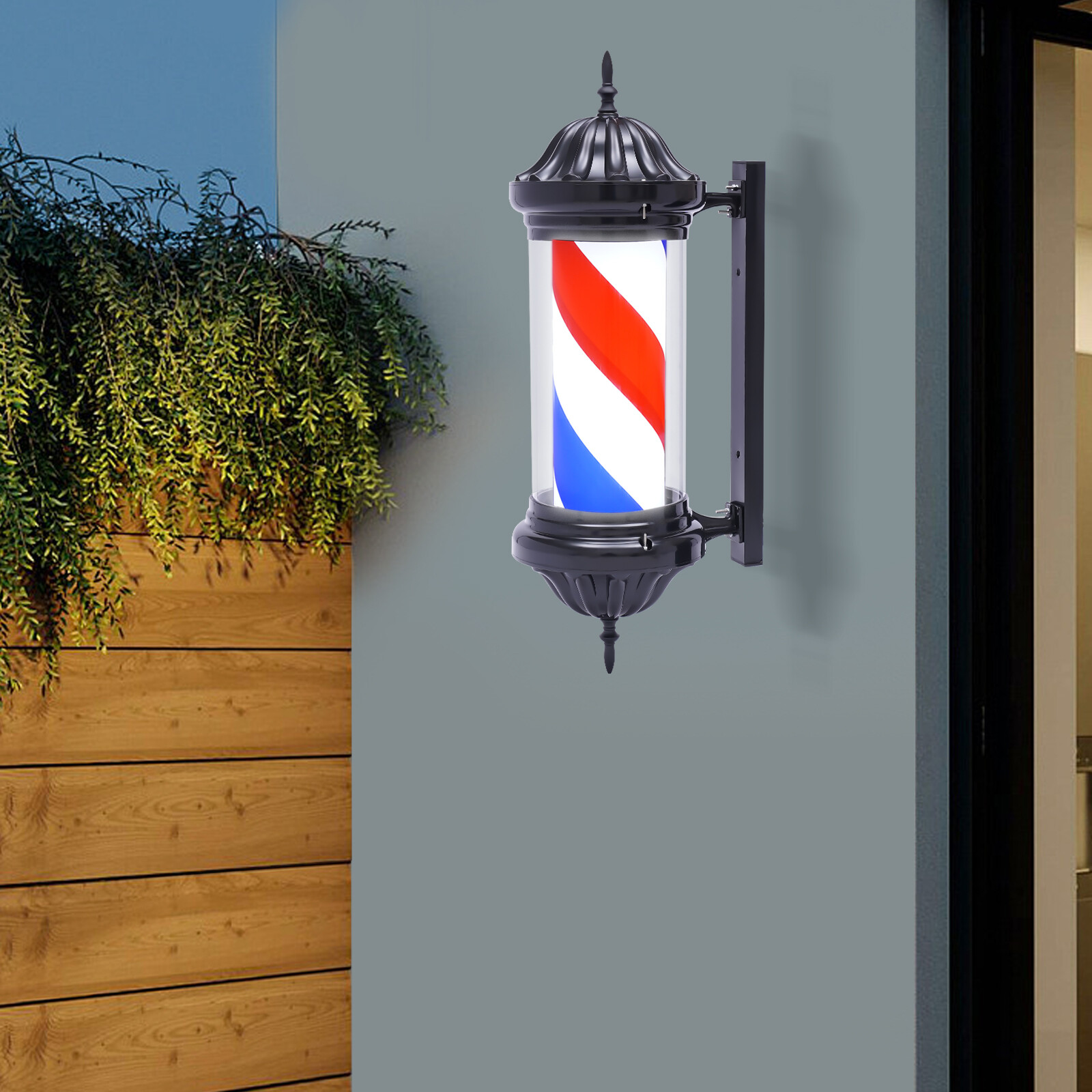 Barber Pole LED Light Red White Blue Rotating Stripes Metal Hair Salon Shop Sign
