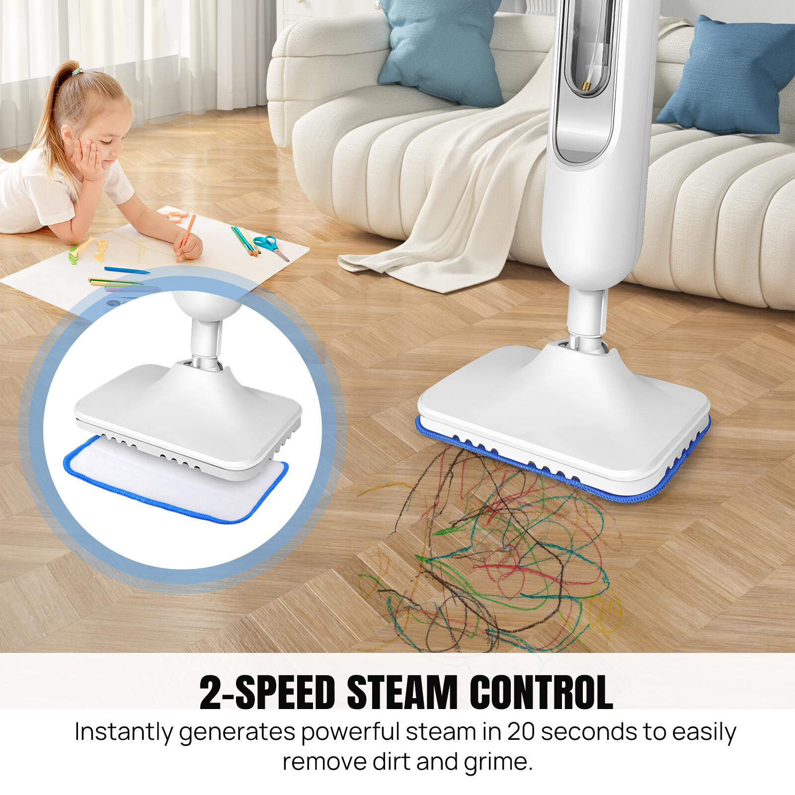 3500W Steam Mop Hard Wood Floor Cleaner 2 Speed with 2 Pcs Pads and Water Tank