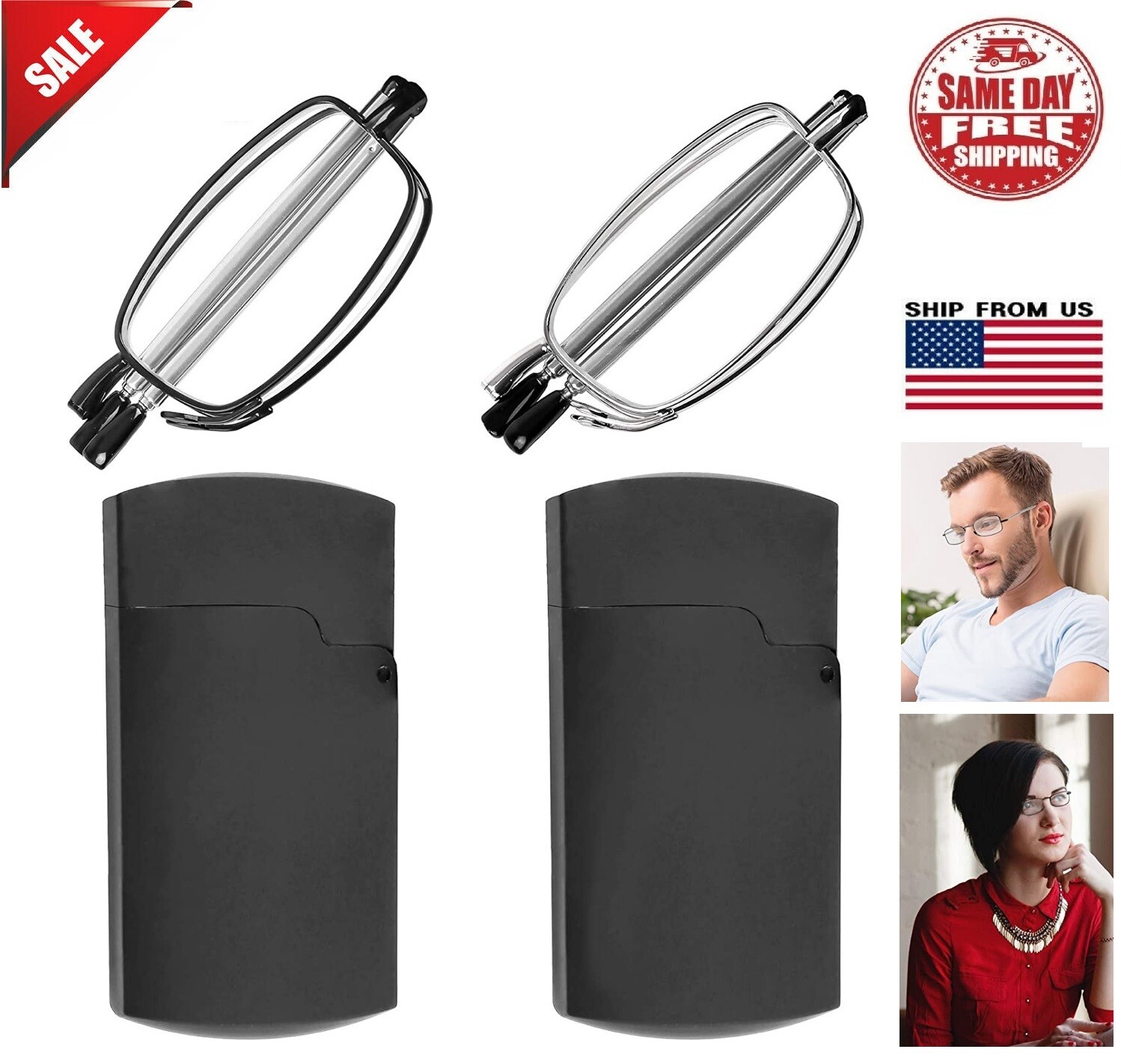 2 Pairs Anti-Blue Metal Compact Folding Light Reading Glasses With Carrying Case