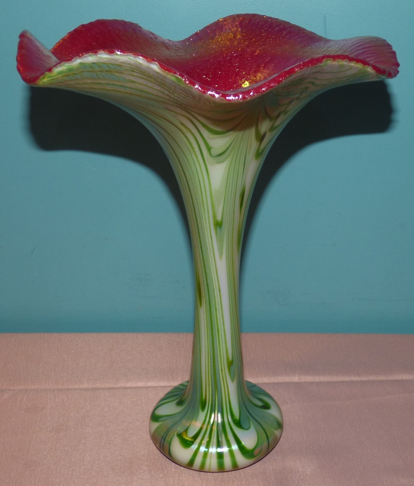 Charles Lotton Aventurine Art Glass Vase 2009 White/Green Pulled Feather 12 1/4"