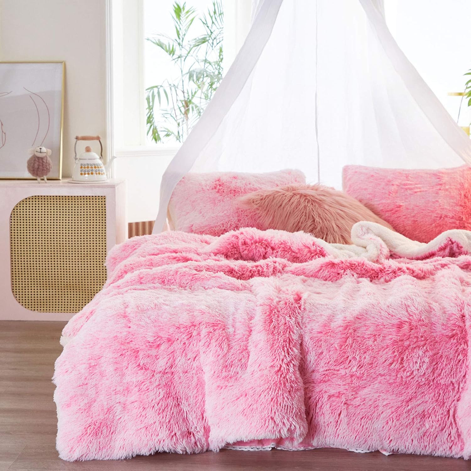 3-Piece Plush Shaggy Comforter Set, Full/Queen Size Luxury Faux Fur Sherpa Rever