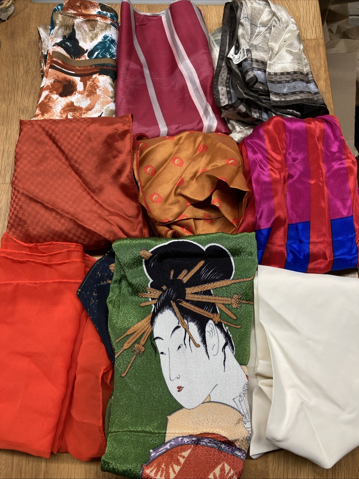 Lot of 9 Vintage Women’s Silky Scarves (variety sizes, colors, material)