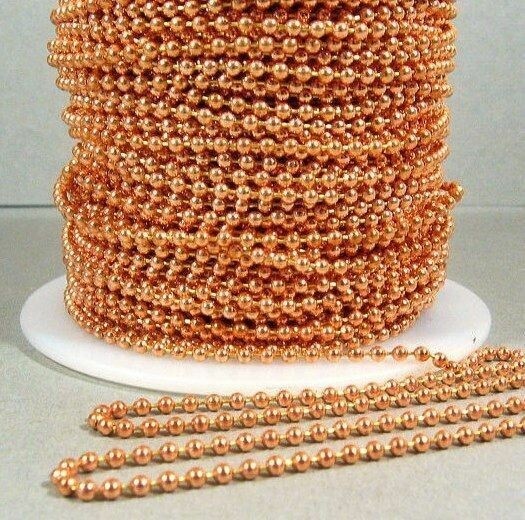 25 Feet 2.4mm #3 Pure COPPER BALL CHAIN on spool + 25 Connectors ! Made in USA