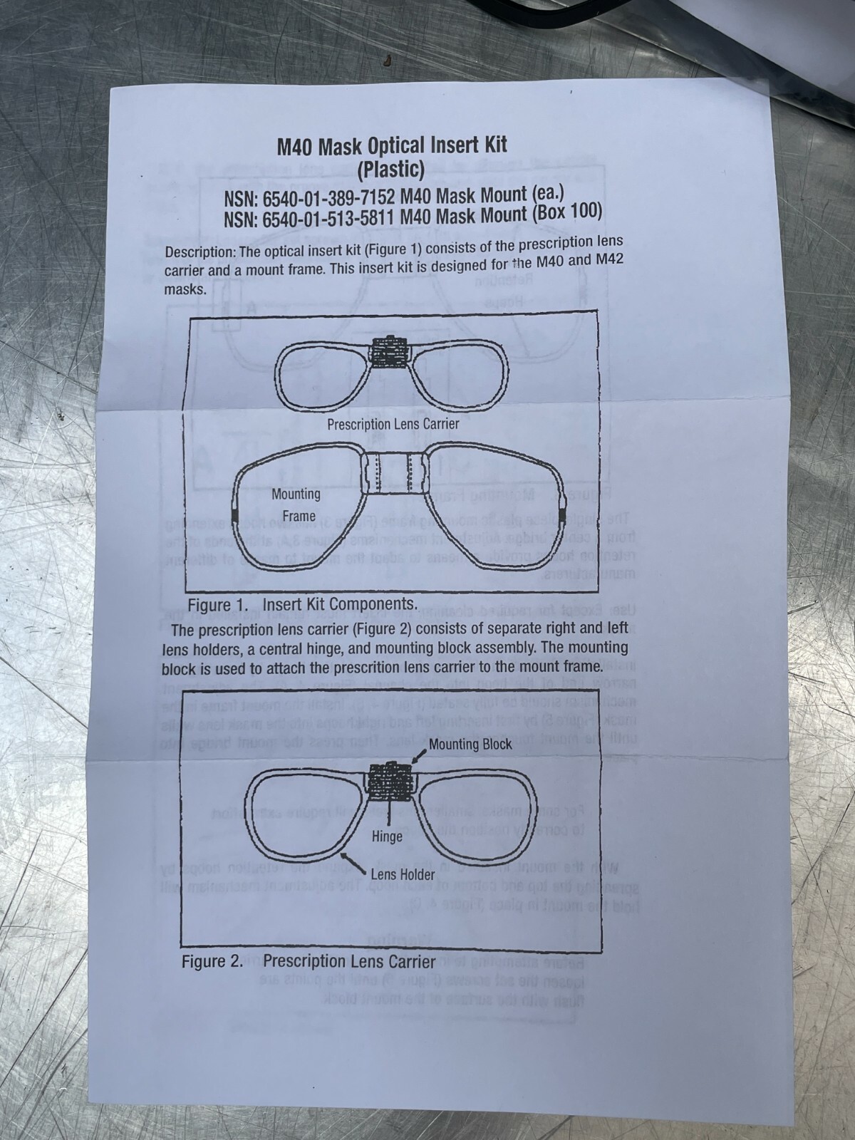M40, M42 Gas Mask Optical Insert Mount Kit 4240-01-389-7152 for Rx Lens Carrier