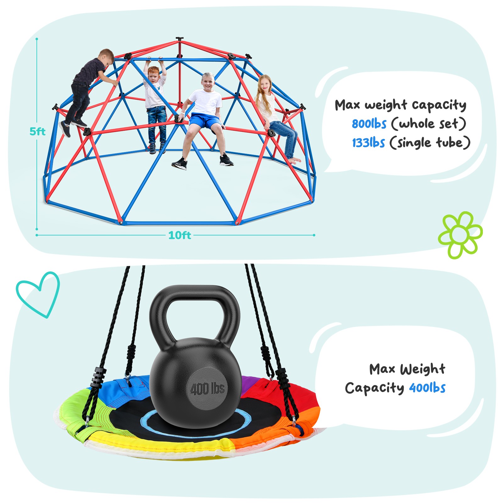 Climbing Dome Swing Set 10ft Jungle Gym Monkey Bars 800lbs for Kids Outdoor Play