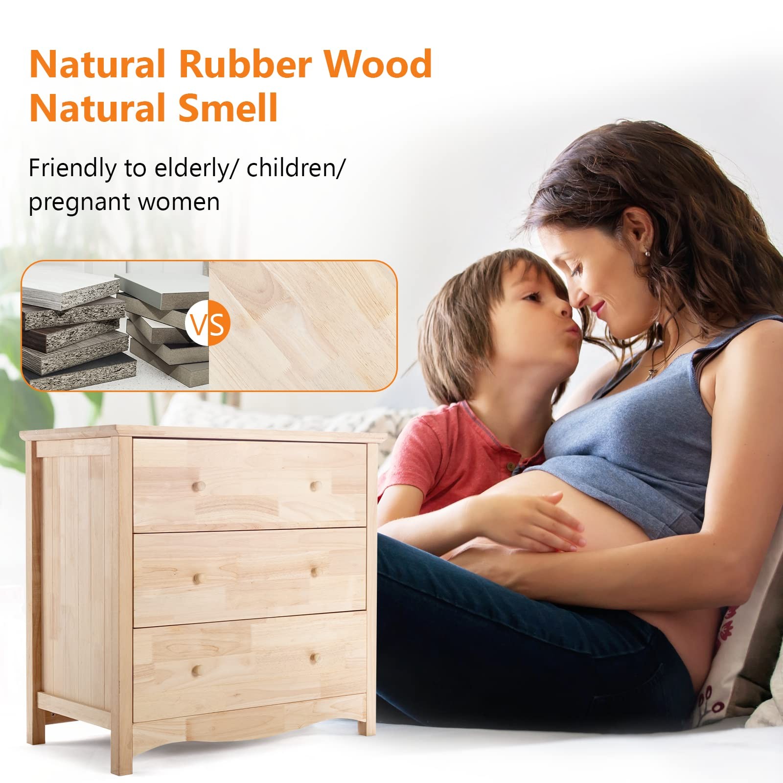 Unfinished Solid Wood Dresser Color DIY, 3 Drawer Dresser for Bedroom, Natural