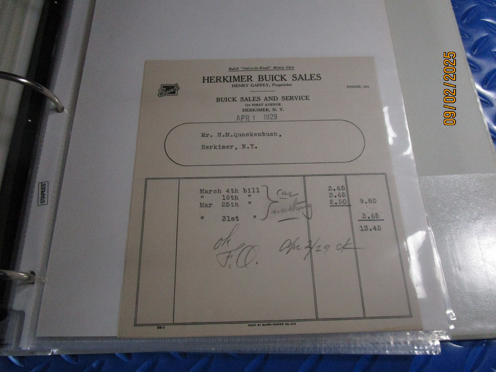 HERKIMER BUICK SALES NY 4/1/1929  LETTER  INV EPHEMERA BUY 3 FREE SHIP