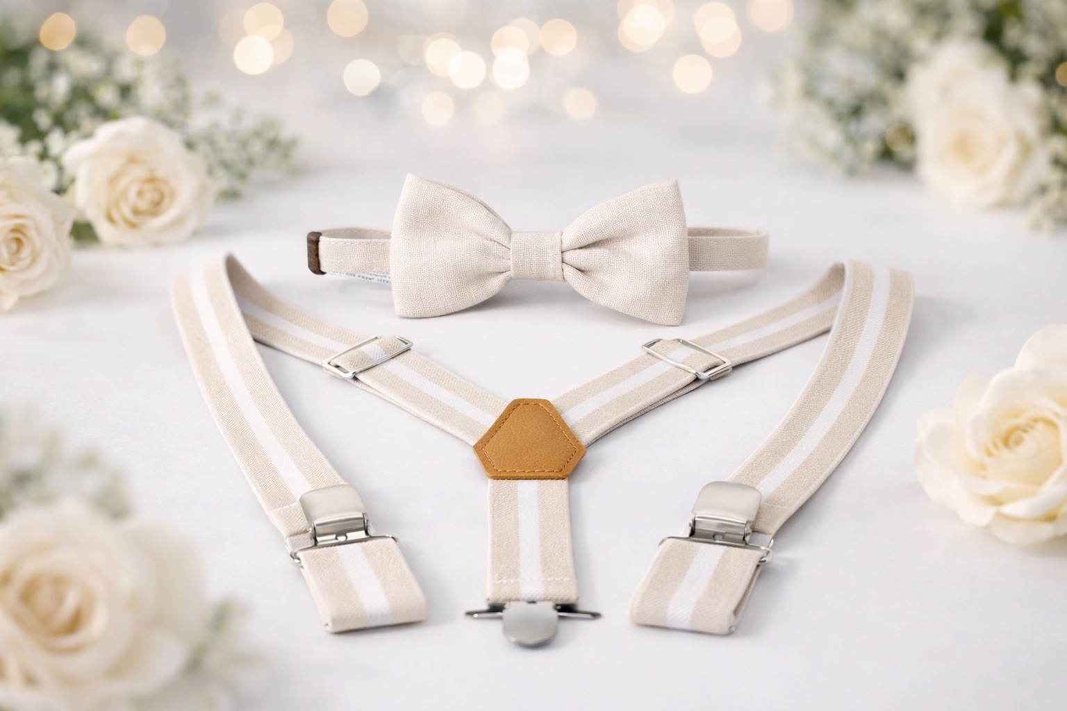 Kids bow tie and suspenders set, neutral beige, adjustable, perfect for events.
