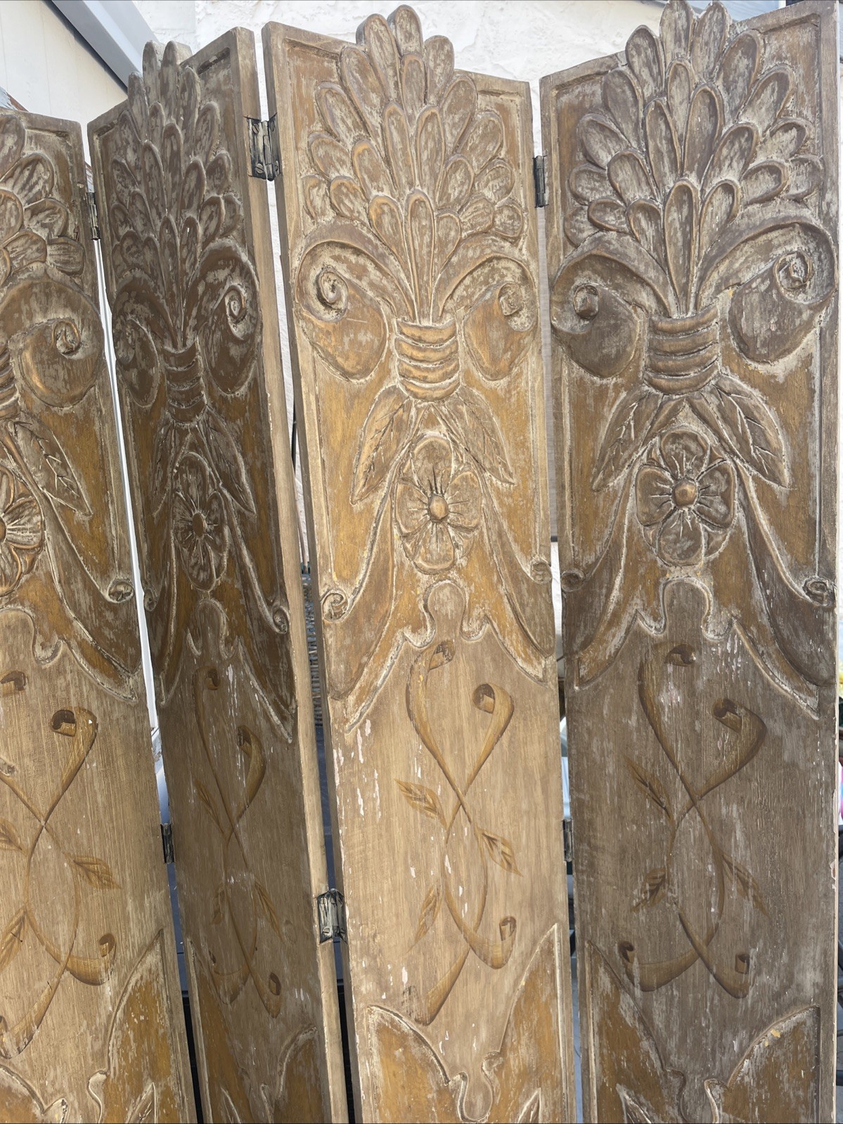 Retro Style Handcrafted 60’s Solid Wood Carved 4 Panel Divider Heavy Rare