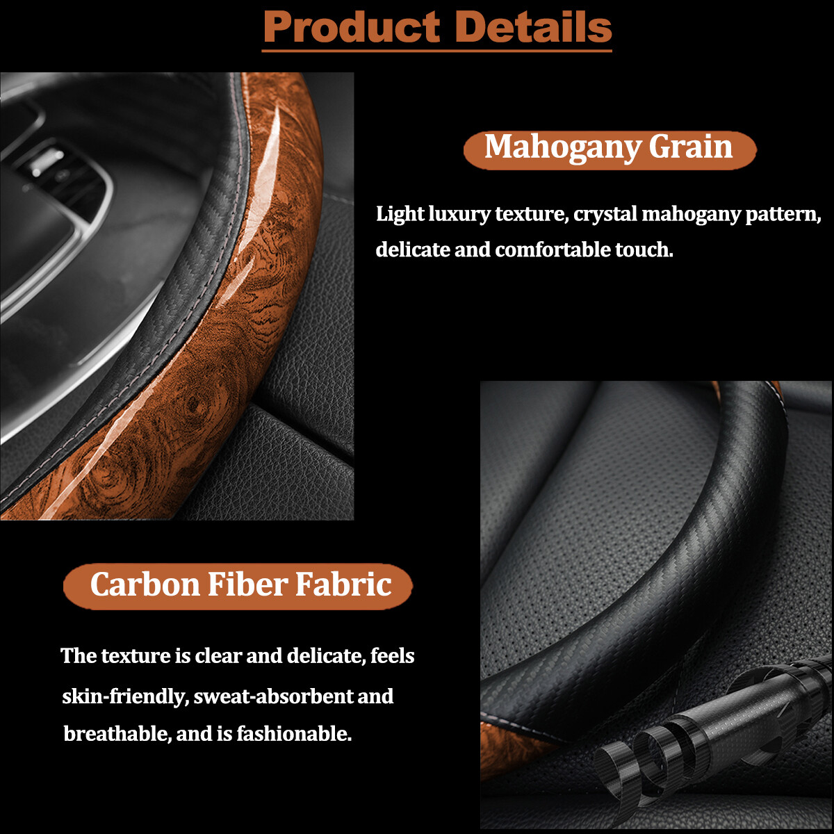 38cm/15" Car Steering Wheel Cover Mahogany Wood Grain Anti-slip Accessories