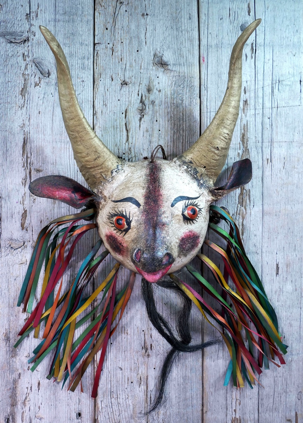 Coconut Goat Mask with Hair Beard Real Horns Handmade Guerrero Mexican Folk Art
