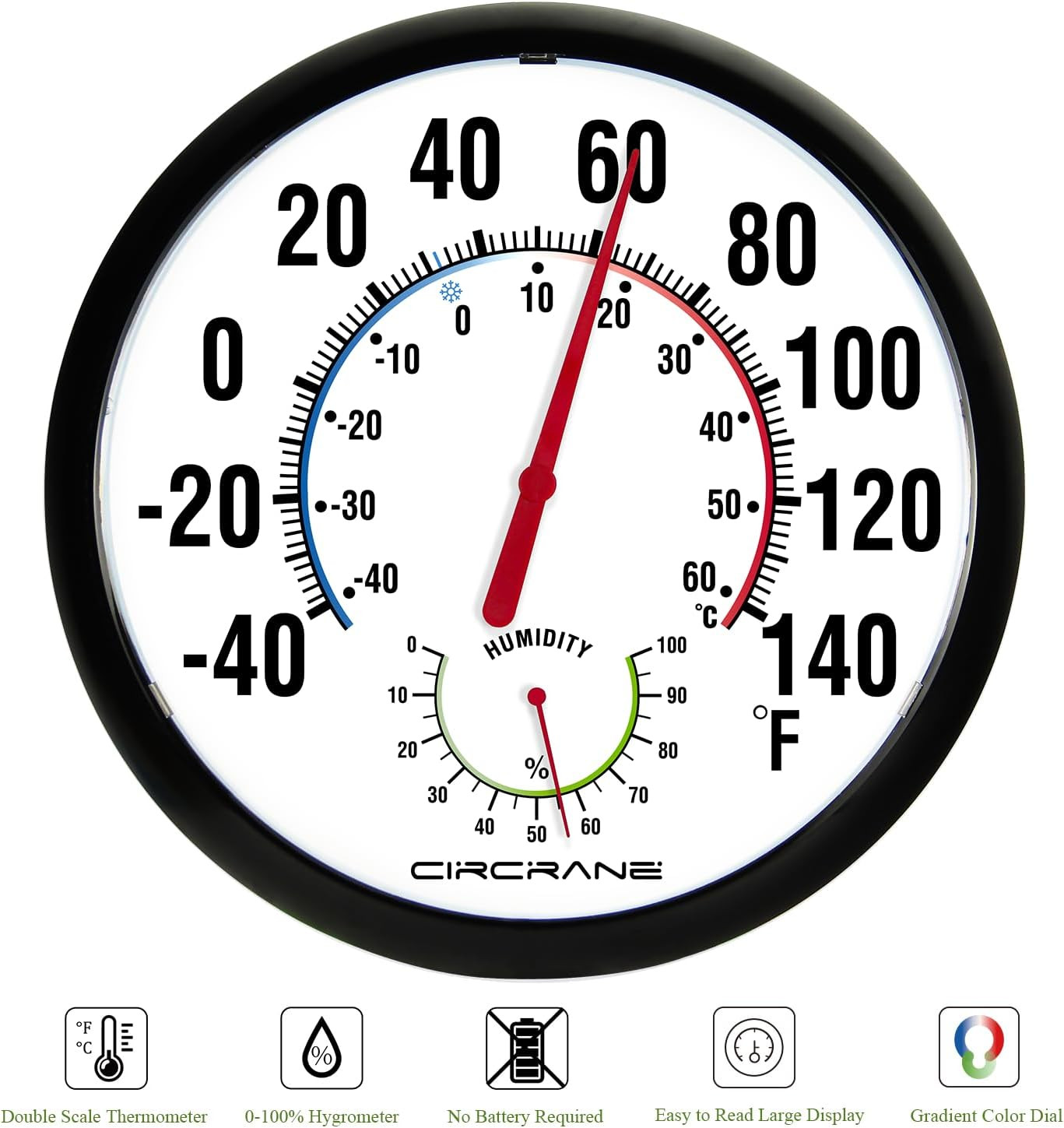 13.25 Inch round Thermometer with Hygrometer, Large Indoor Wall Patio Bimetal We