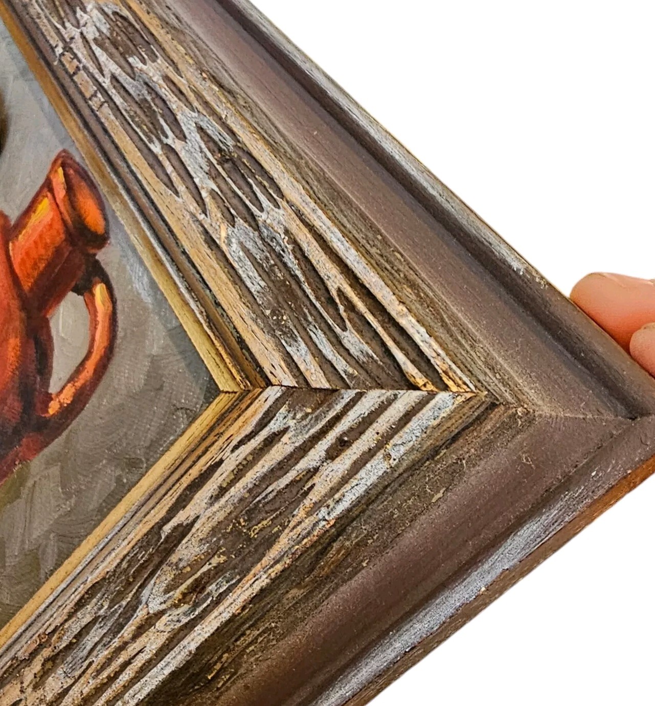 Vintage Still Life Fruit Bowl Oil Painting Apple Canvas Wood Frame Midcentury