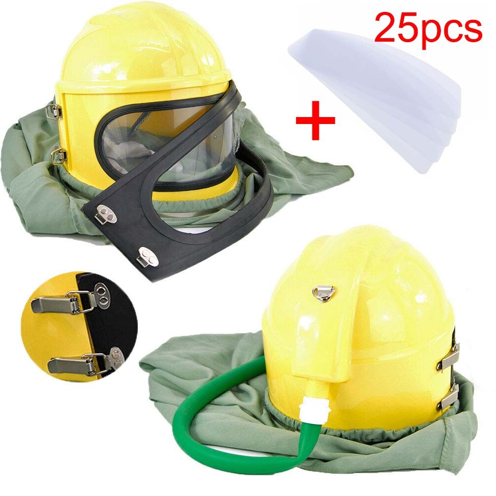 AIR FED Supplied Safety Sandblast Helmet Sand Blast Hood Protector +25pcs Lens
