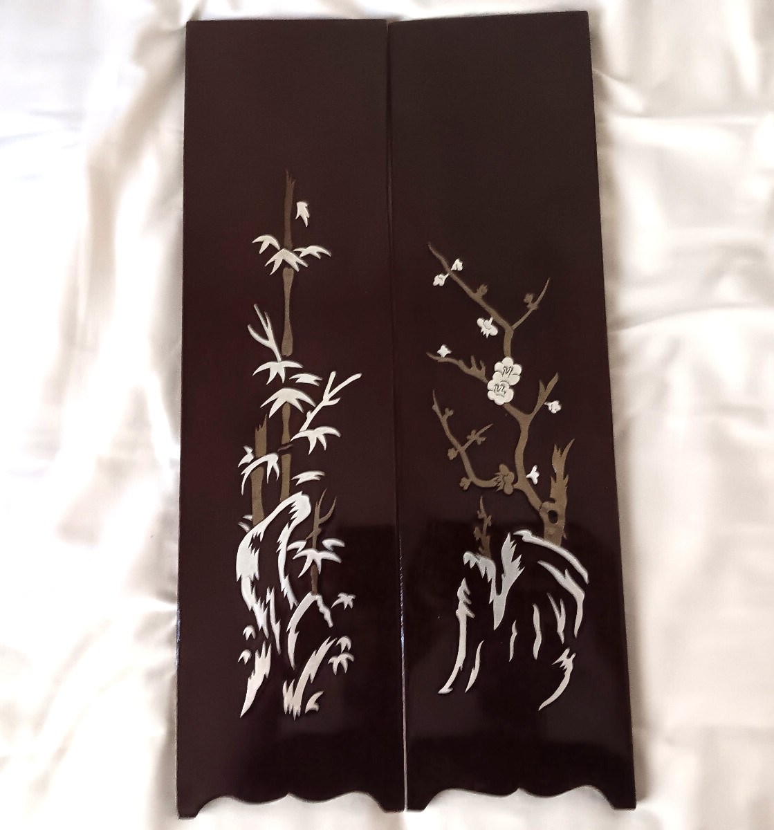 Mother of Pearl Inlay Decorative Wall Art Asian Japanese Lacquer Wood Panels