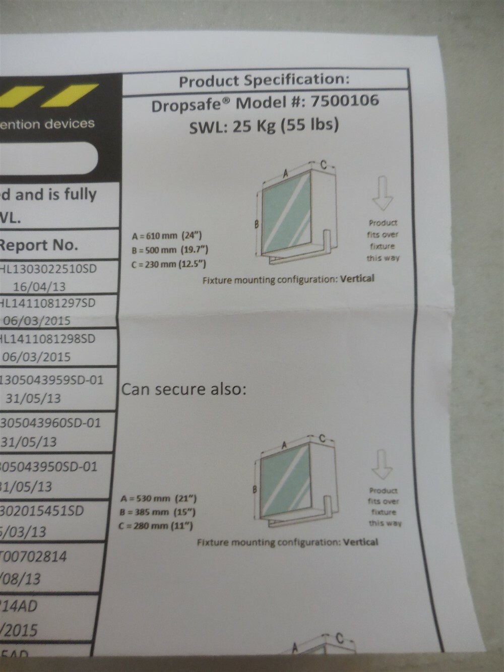 Dropsafe Net Model: 7500106 25KG (55LBS) for Overhead Fixtures