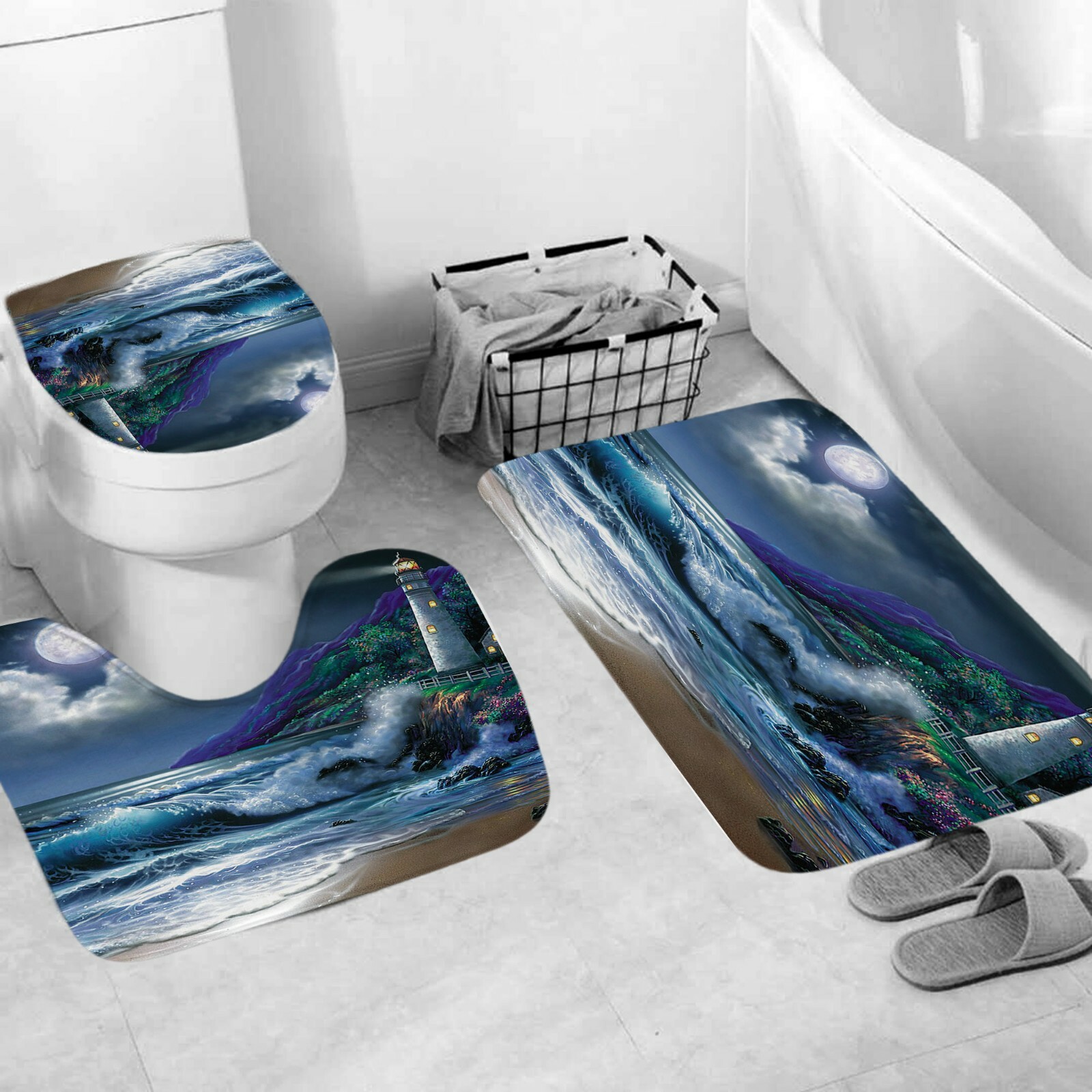 Coast Shower Curtain Bathroom Rug Set Thick Bath Mat Non-Slip Toilet Lid*