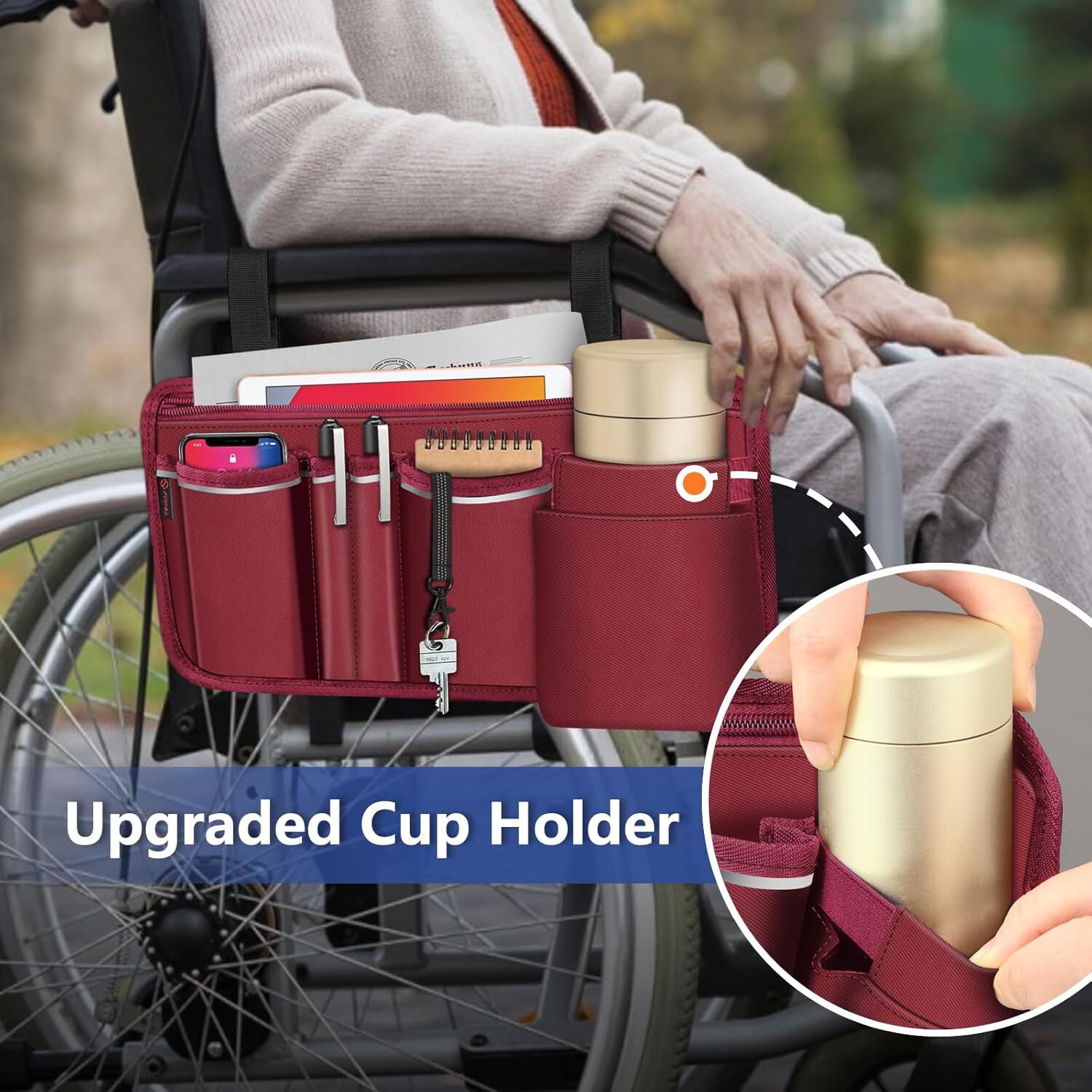 Wheelchair Side Storage Bag with Cup Holder for Power Wheelchairs, Walkers
