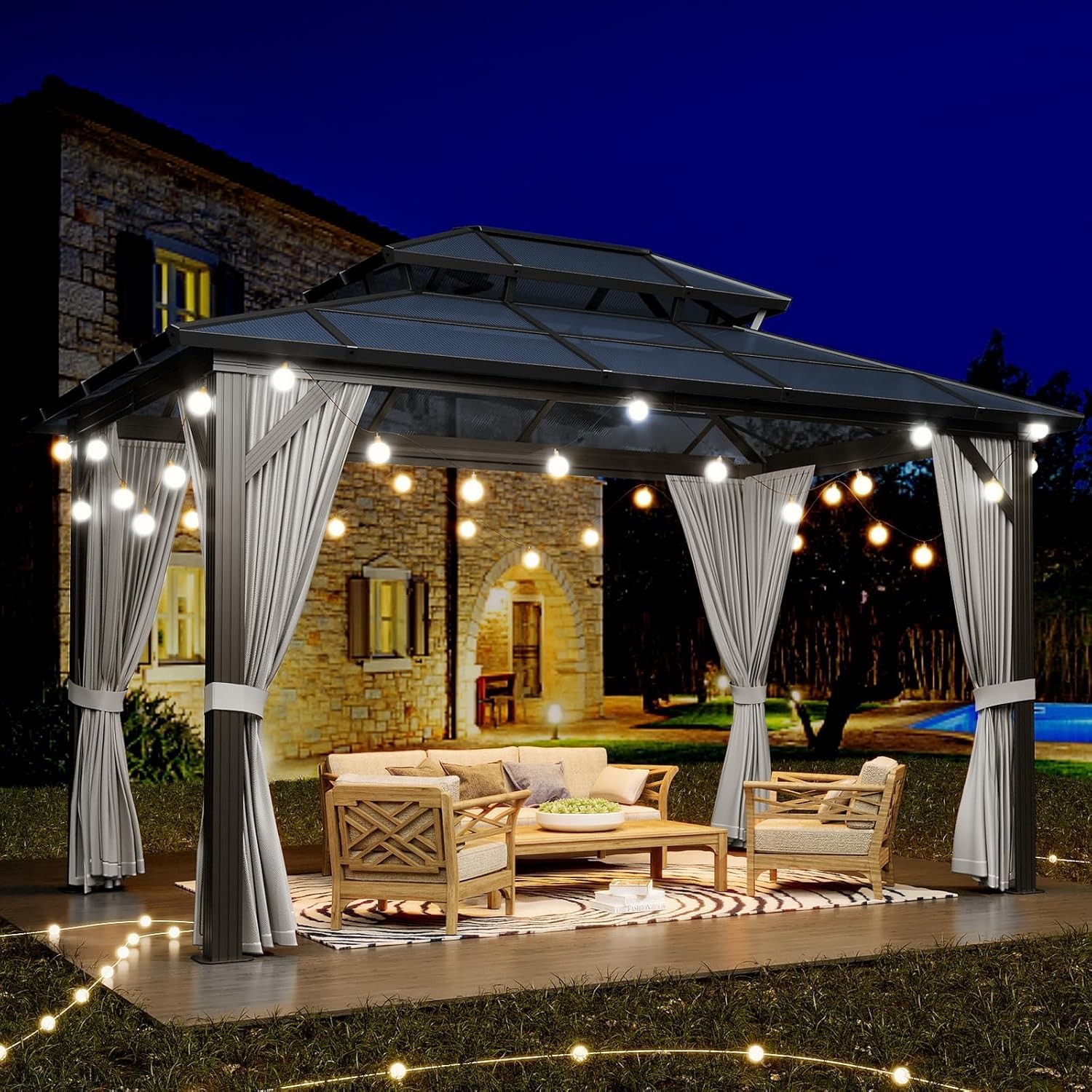 10x13 ft Outdoor Hardtop Gazebo Aluminum Frame Net Curtains Deck Lawn