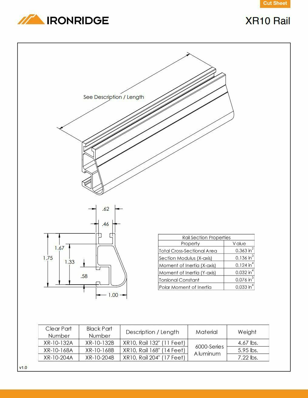 IronRidge XR-10-168B Solar Rail XR10 Black / PRE-CUT INTO TWO HALVES of 7 FEET
