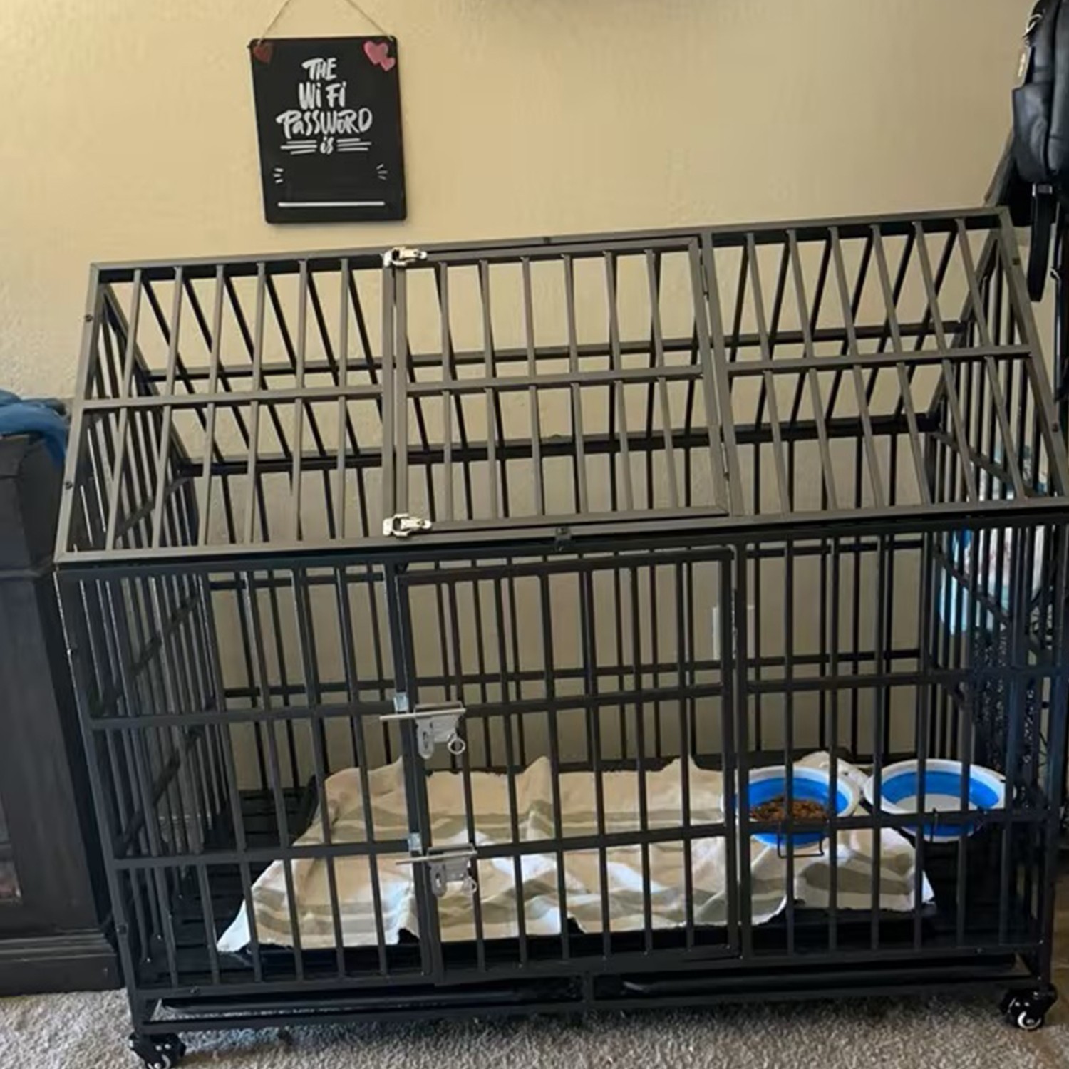 54'' Indestructible Heavy Duty Dog Crate Cage Kennel with 2 Bowls and 4 Wheels