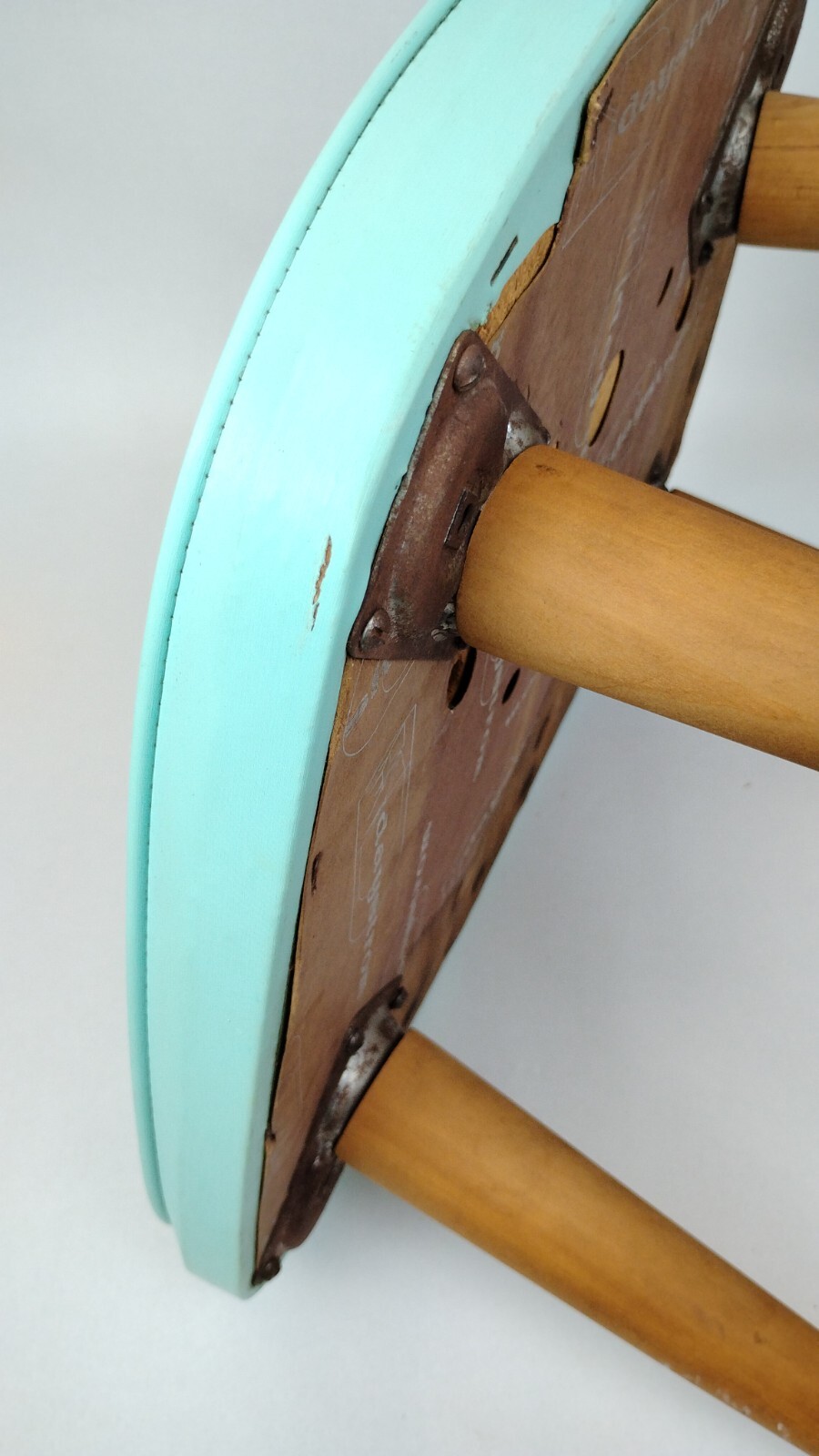 1963 Daystrom Atomic MCM Aqua Blue Vinyl Foot Stool 14" Tapered Peg Leg Gold Tip