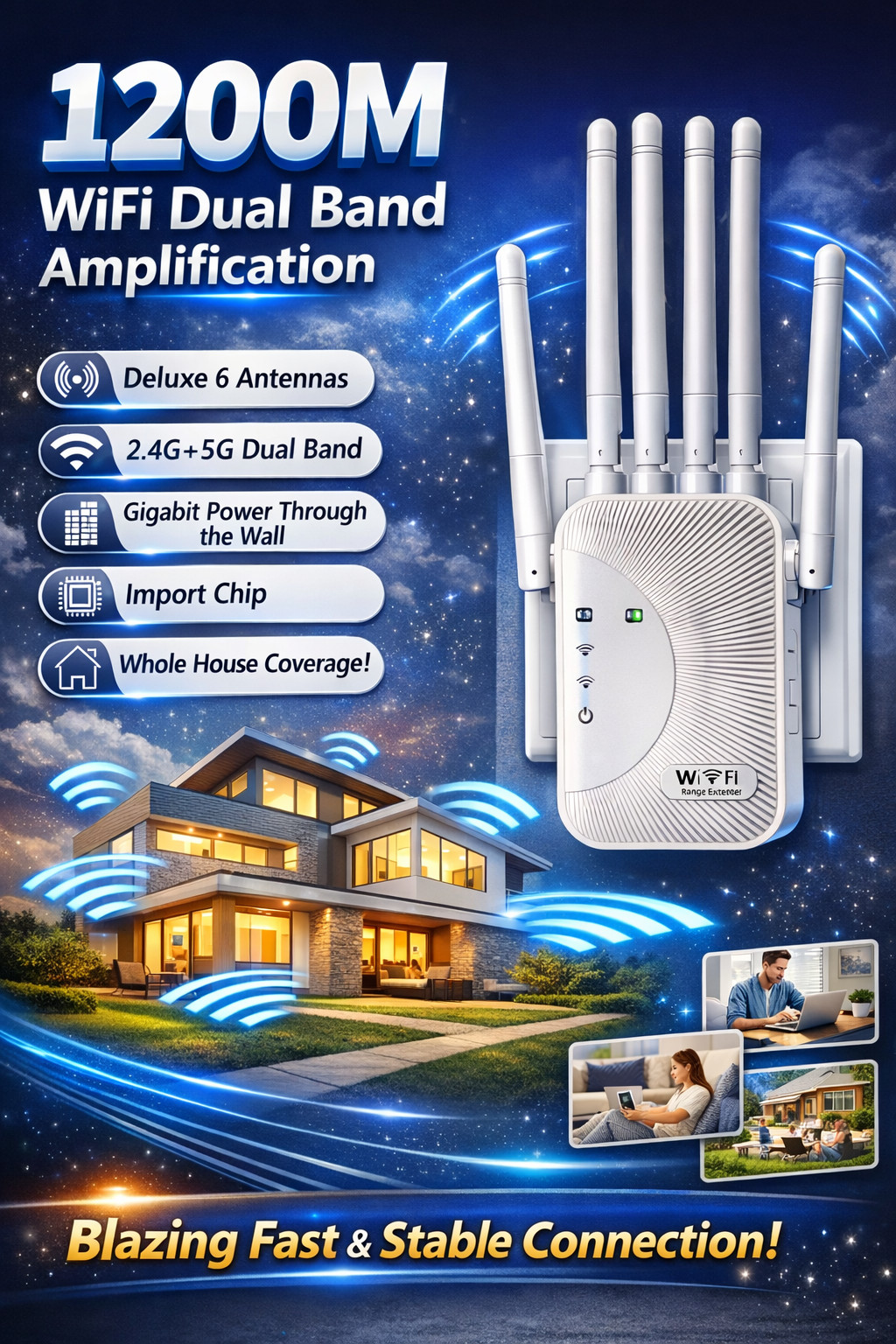 1200Mbps WiFi Extender – Dual Band 2.4G/5G Signal Booster w/ Ethernet