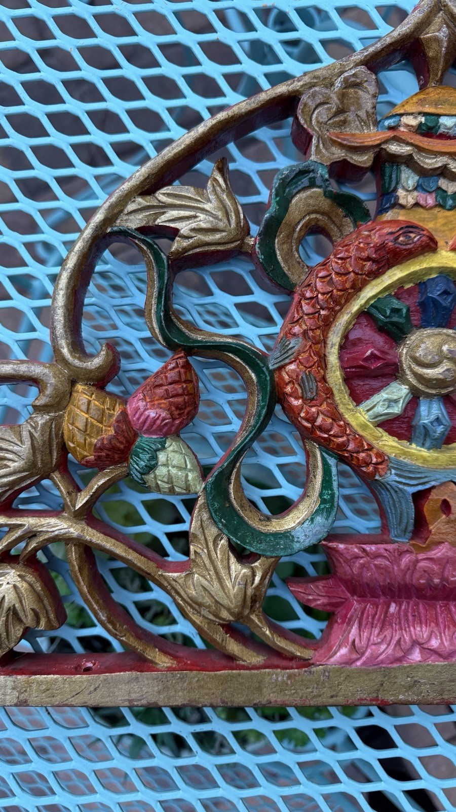 Vintage Tibetan Buddhist Traditional Hand Carved Painted Wood Door Topper (?)