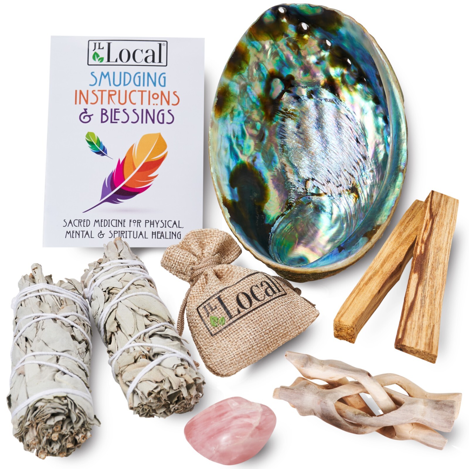 Sage Smudge Kit 2 White Sage Smudge Sticks, Palo Santo, Abalone | Smudging Kit