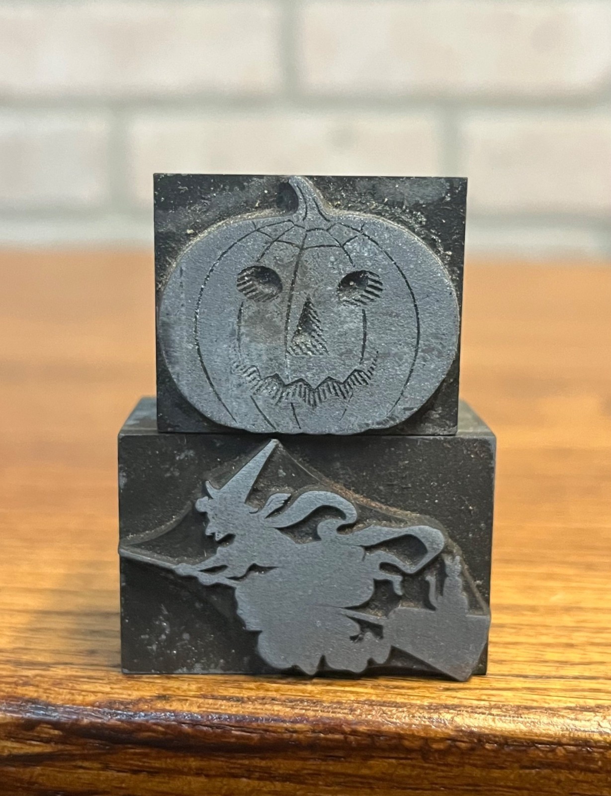 Antique Vintage Halloween Flying Witch & JOL Metal Letterpress Printing Blocks