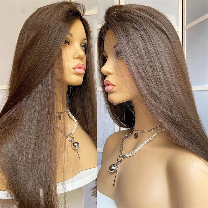 Frontal Lace Wig Layered Pre Plucked Long Straight Heat Resistant Hair Brown